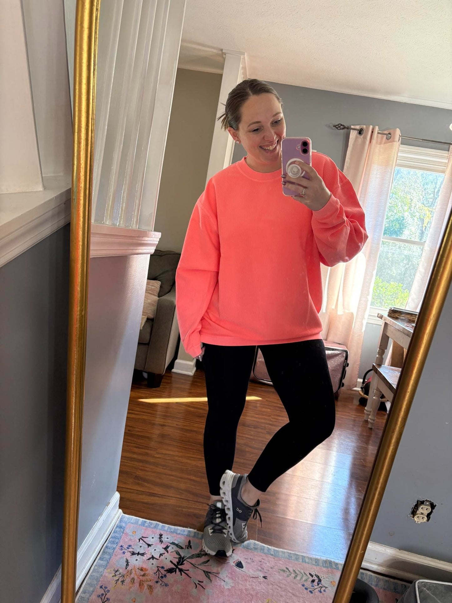 Neon Coral Corded Side Slit Crew - PREORDER