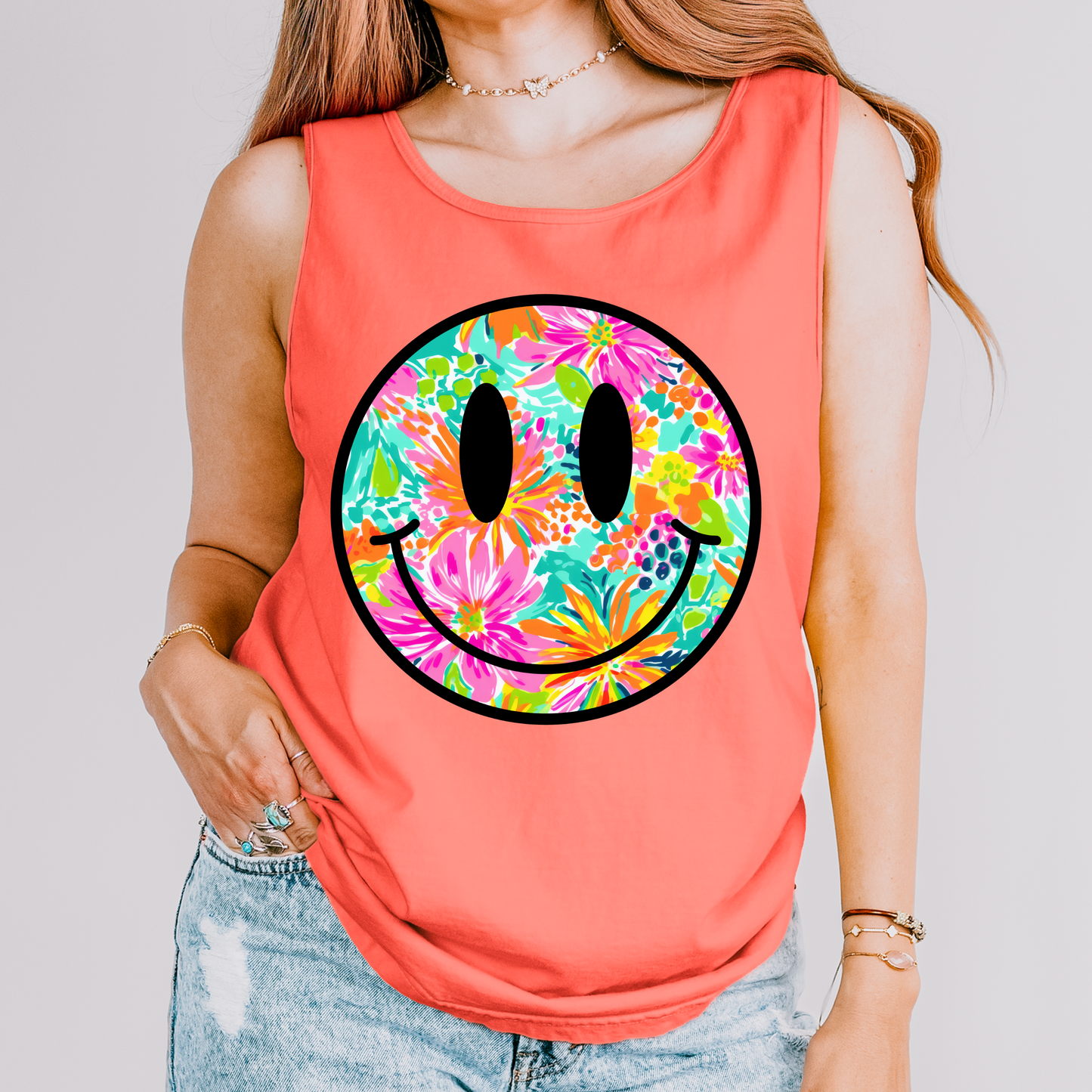 Neon Floral Smiley Comfort Colors Tank