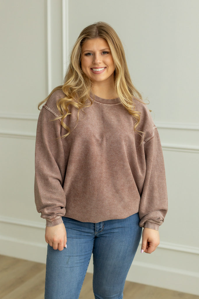 CAPPUCCINO- Essential Luxe Corded Crew Sweatshirt