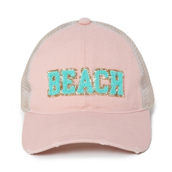 Glitter Chenille 'Beach' Patch Baseball Hat With Mesh Back