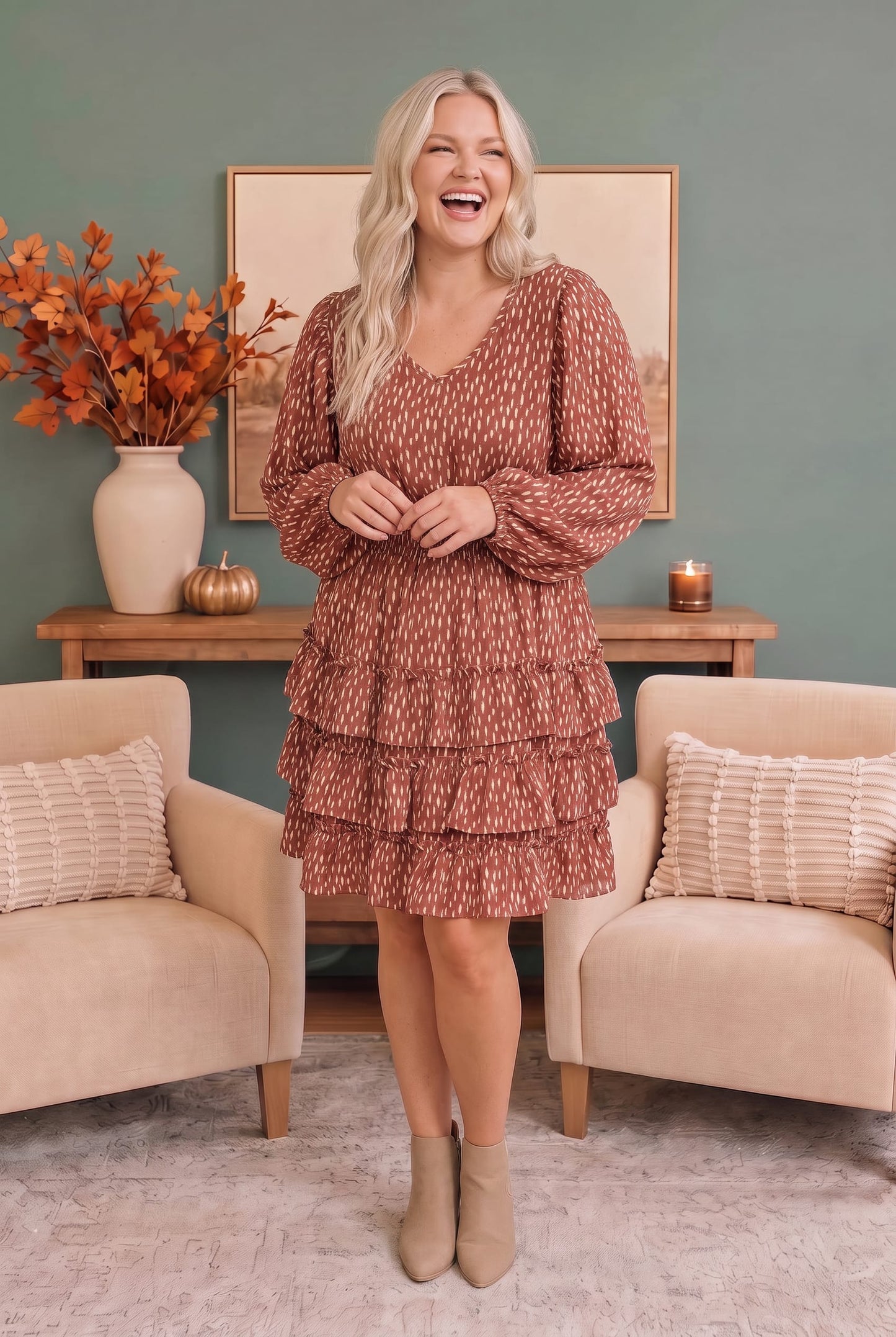 Rust Speckled Ruffle Tiered Dress
