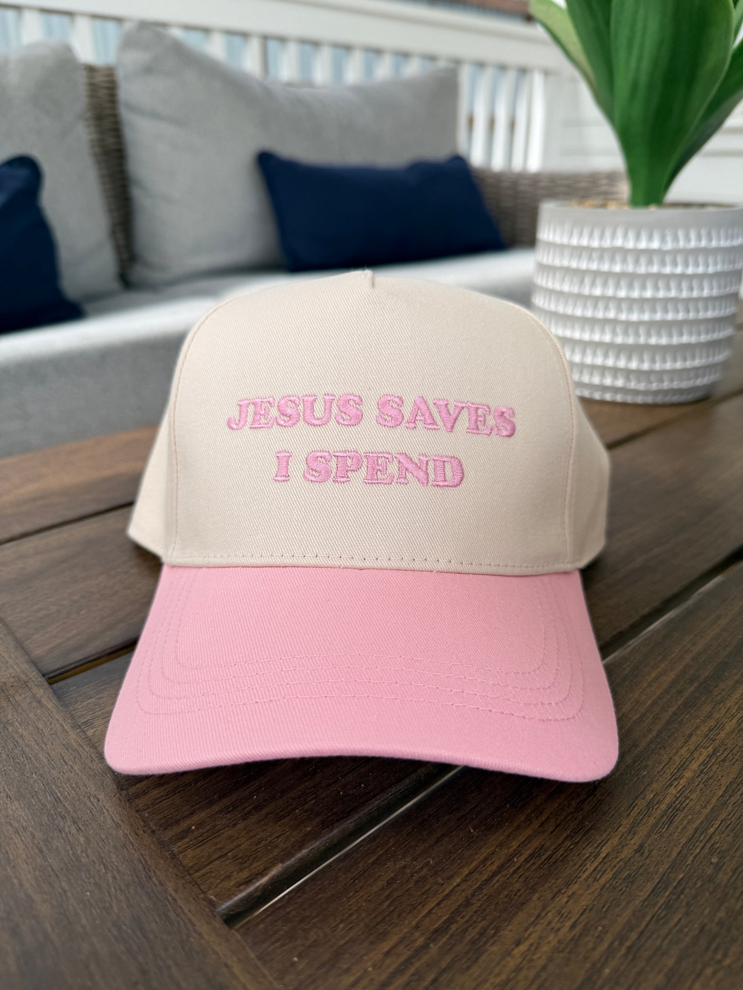 "JESUS SAVES I SPEND" Embroidered Two Tone Baseball Cap