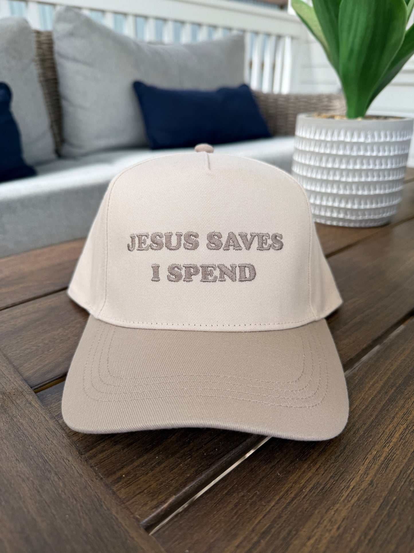 "JESUS SAVES I SPEND" Embroidered Two Tone Baseball Cap