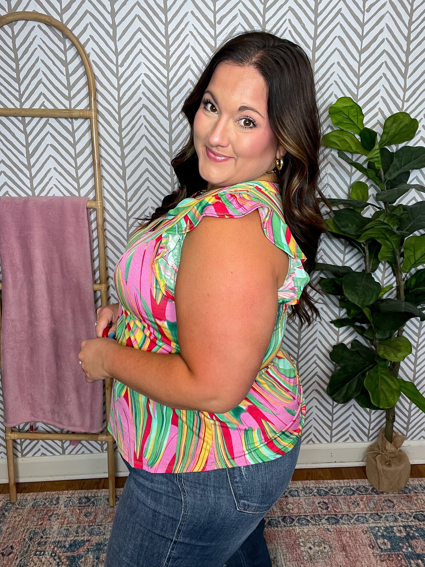 Lizzy Flutter Sleeve Top in Green Multi Abstract Stripe