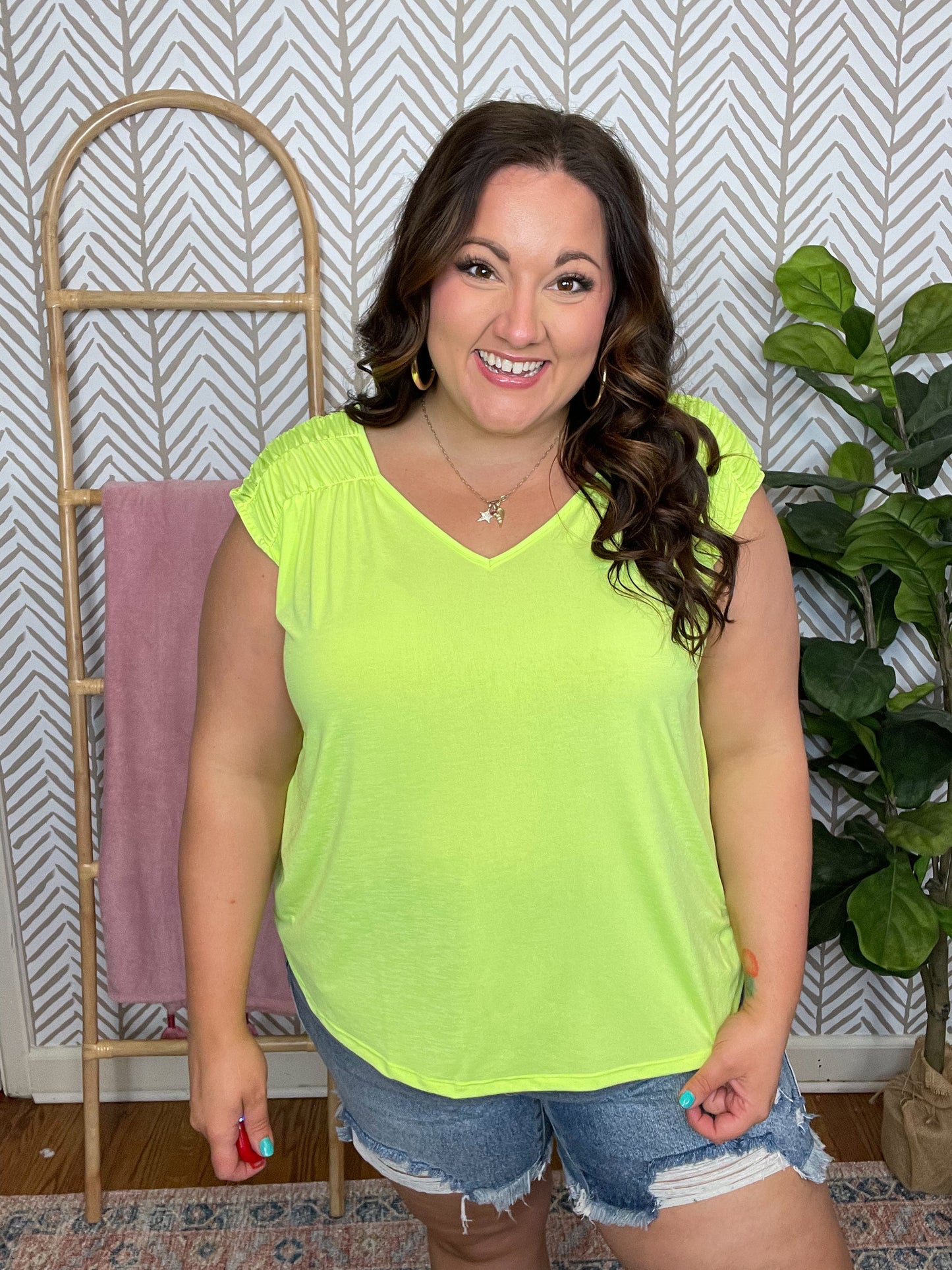 Ruched Cap Sleeve Top in Neon Green