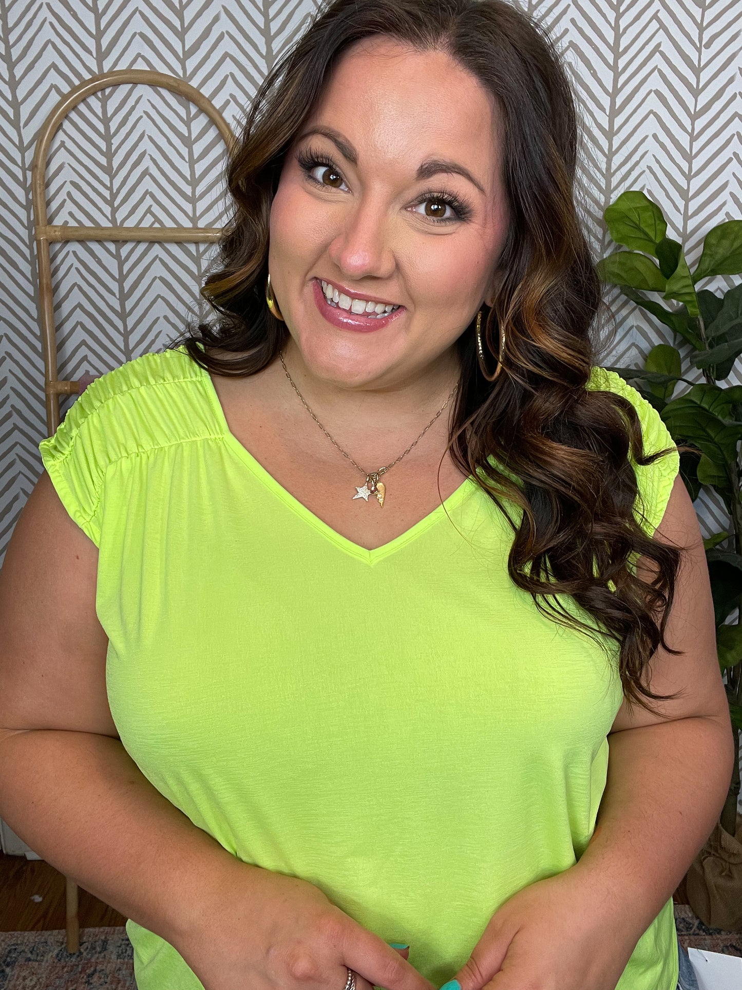 Ruched Cap Sleeve Top in Neon Green