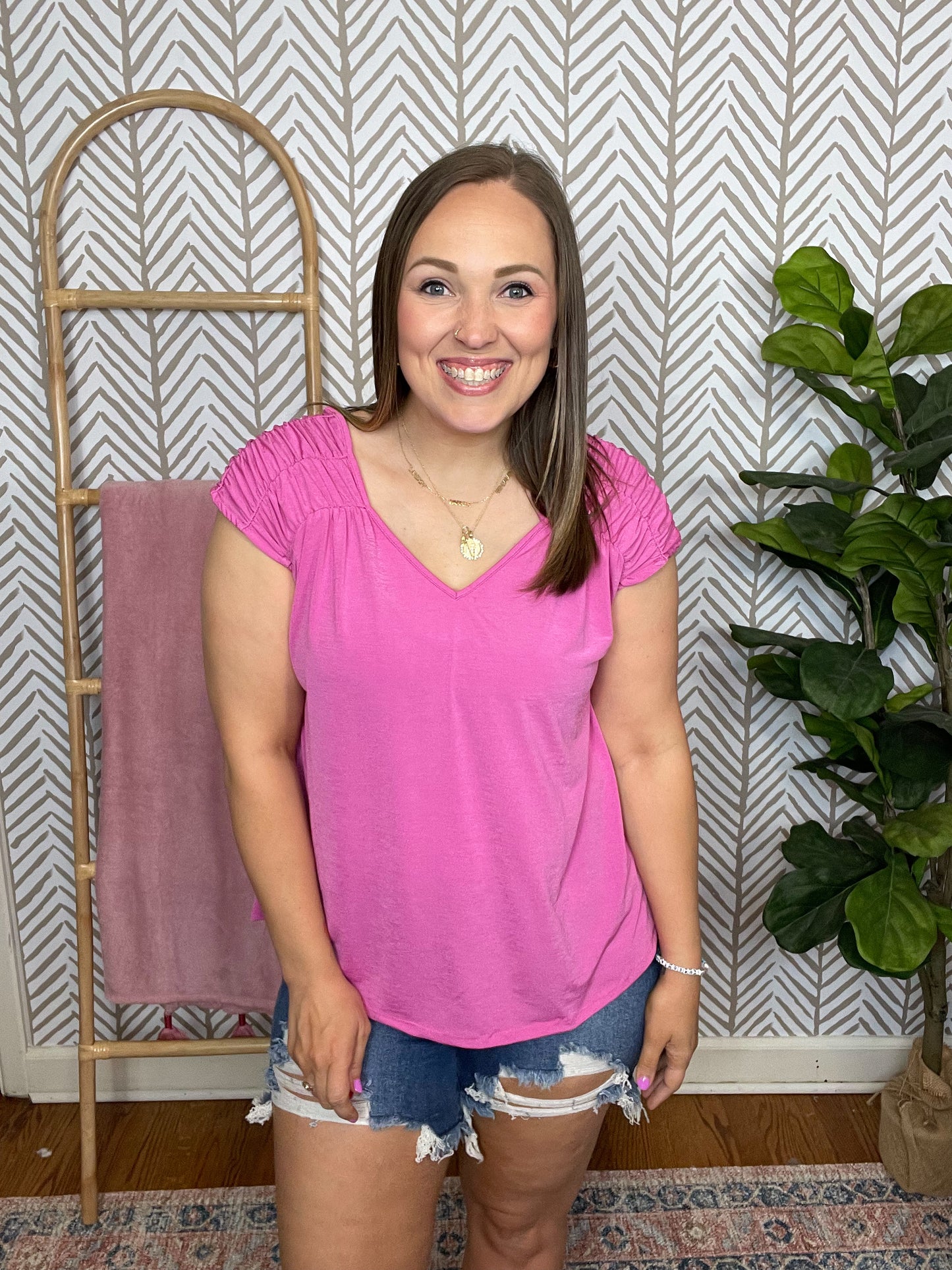 Ruched Cap Sleeve Top in Magenta