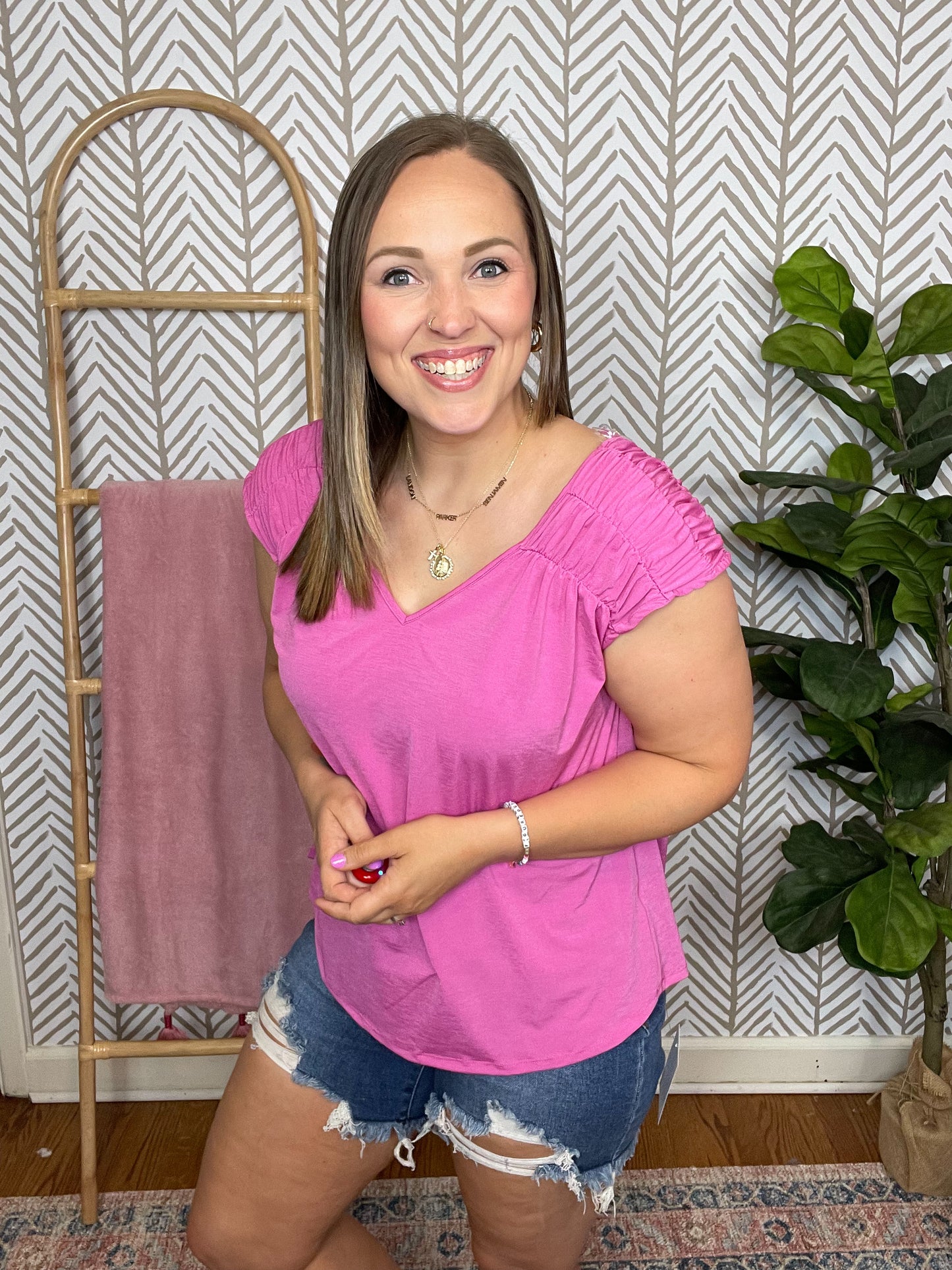 Ruched Cap Sleeve Top in Magenta