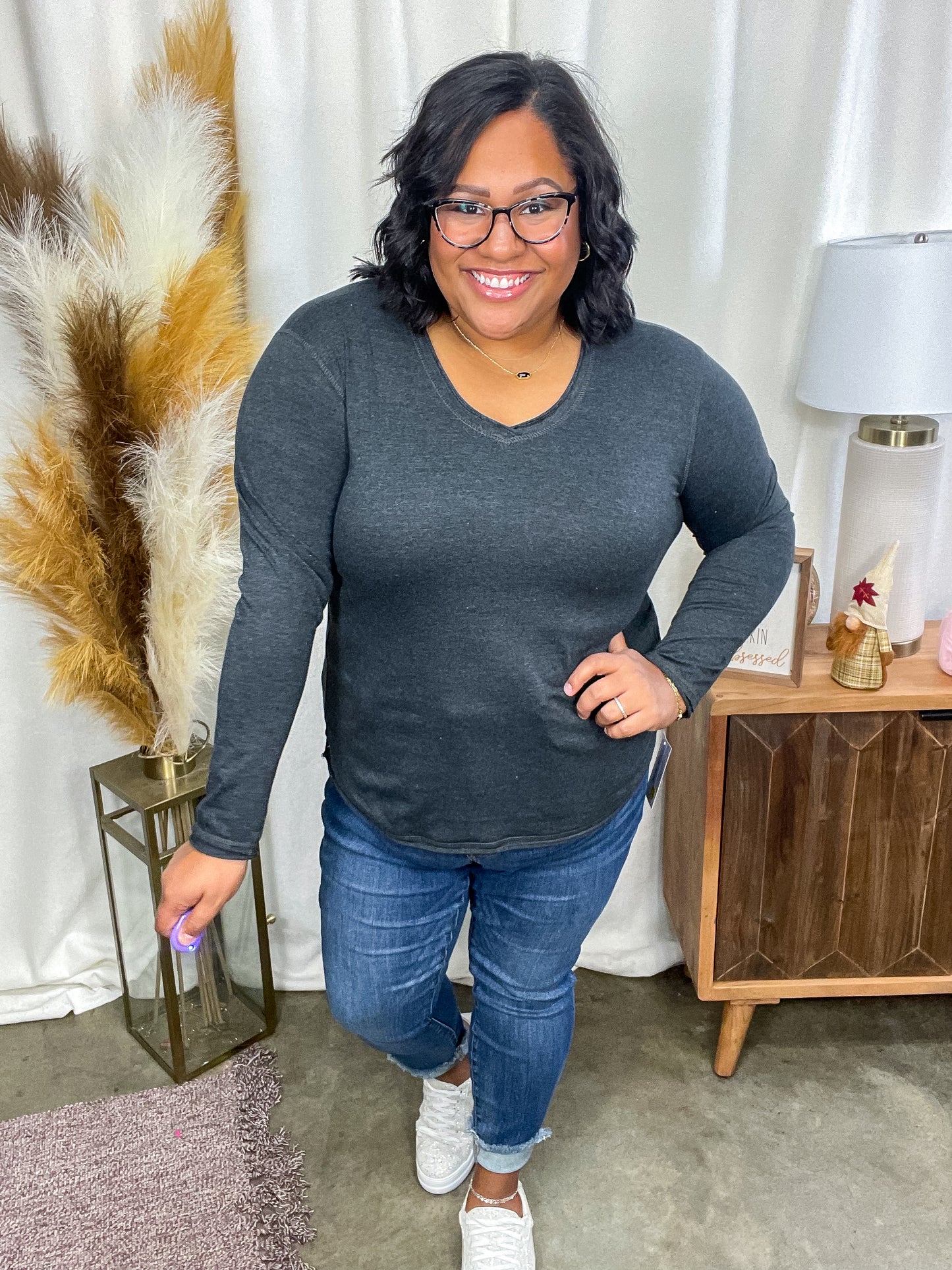 Alpine Raw Edge Long Sleeve Tee in Charcoal