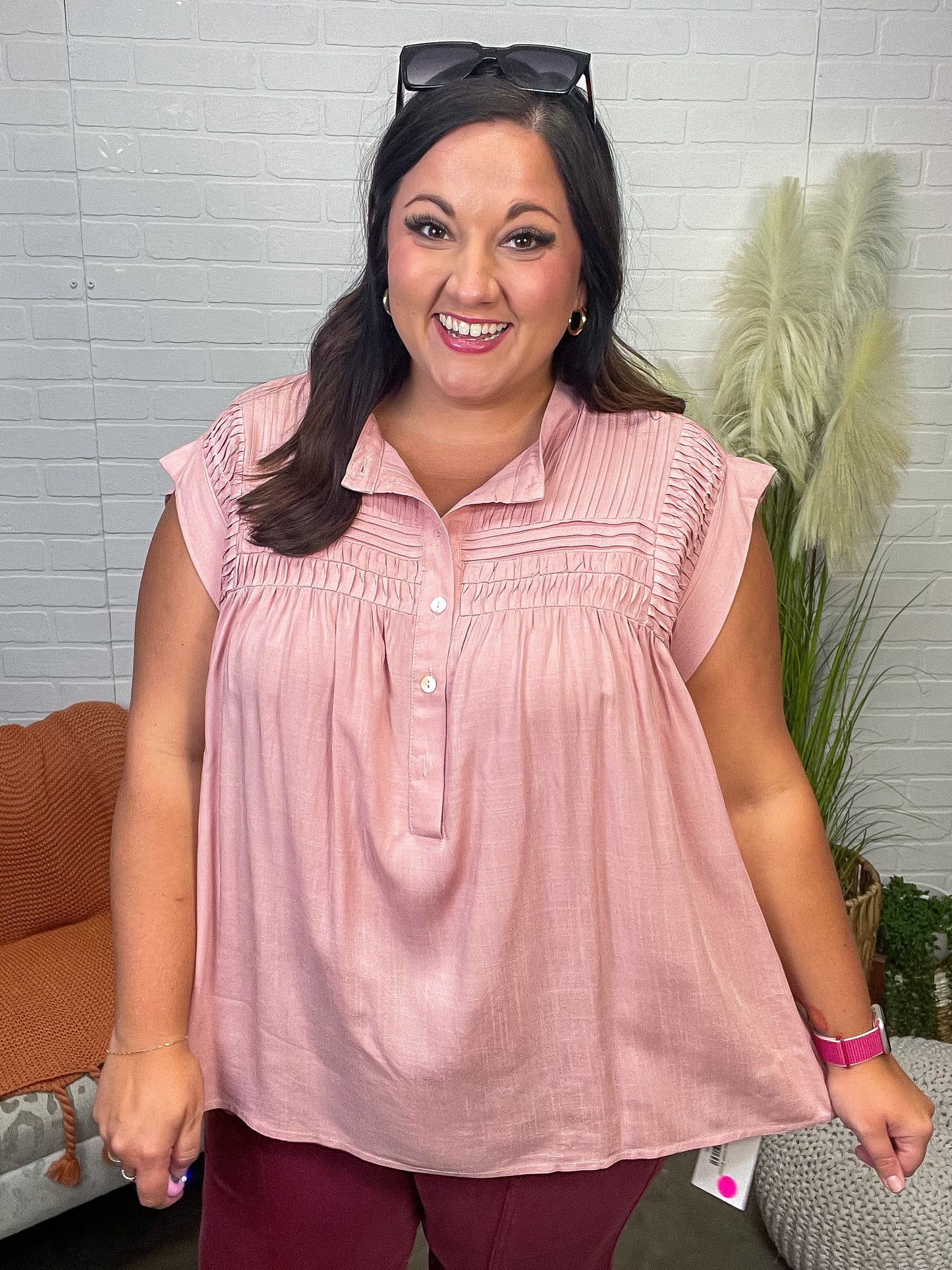 Pleat Detail Button Up Blouse in Pink