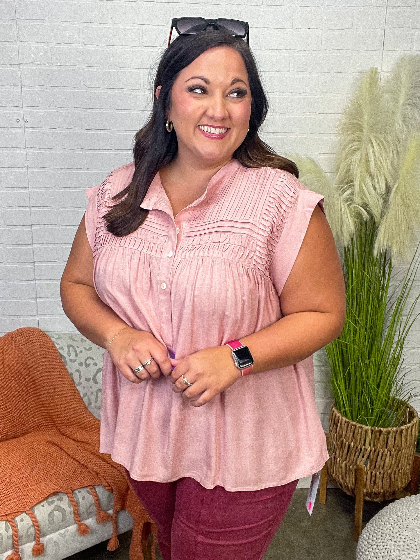 Pleat Detail Button Up Blouse in Pink