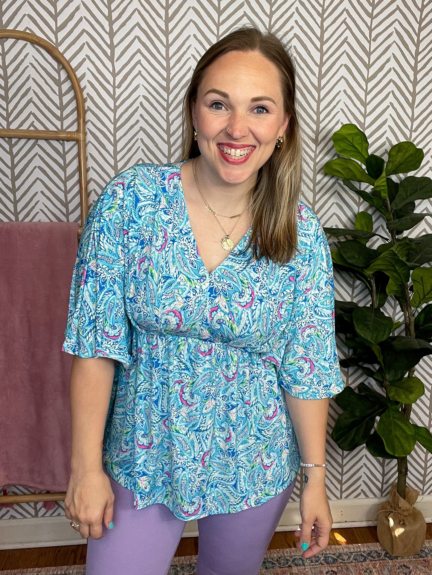 Dreamer Peplum Top in Blue and Teal Paisley