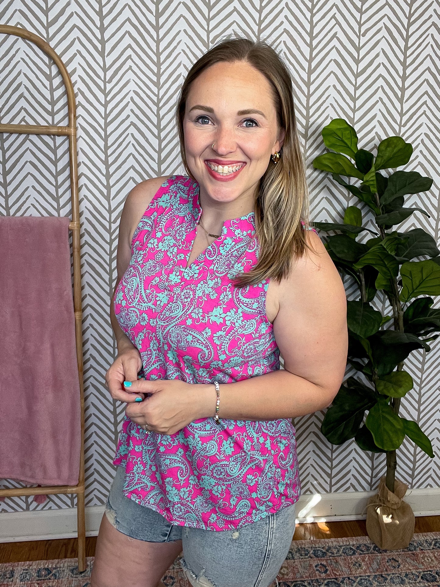 Lizzy Tank Top in Pink and Mint Paisley