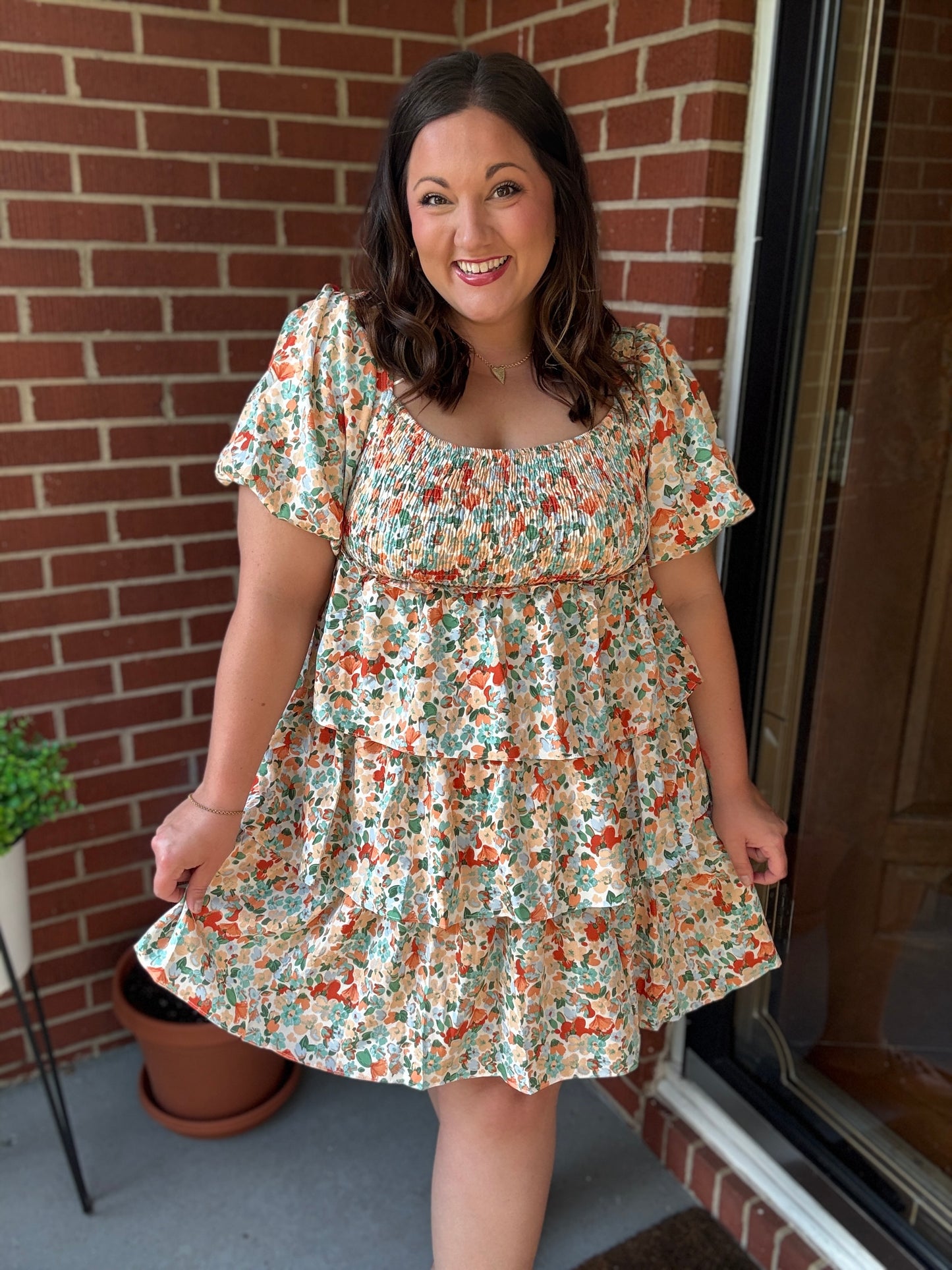 Find Love Floral Print Smocked Neck Puff Sleeve Ruffle Tiered Dress