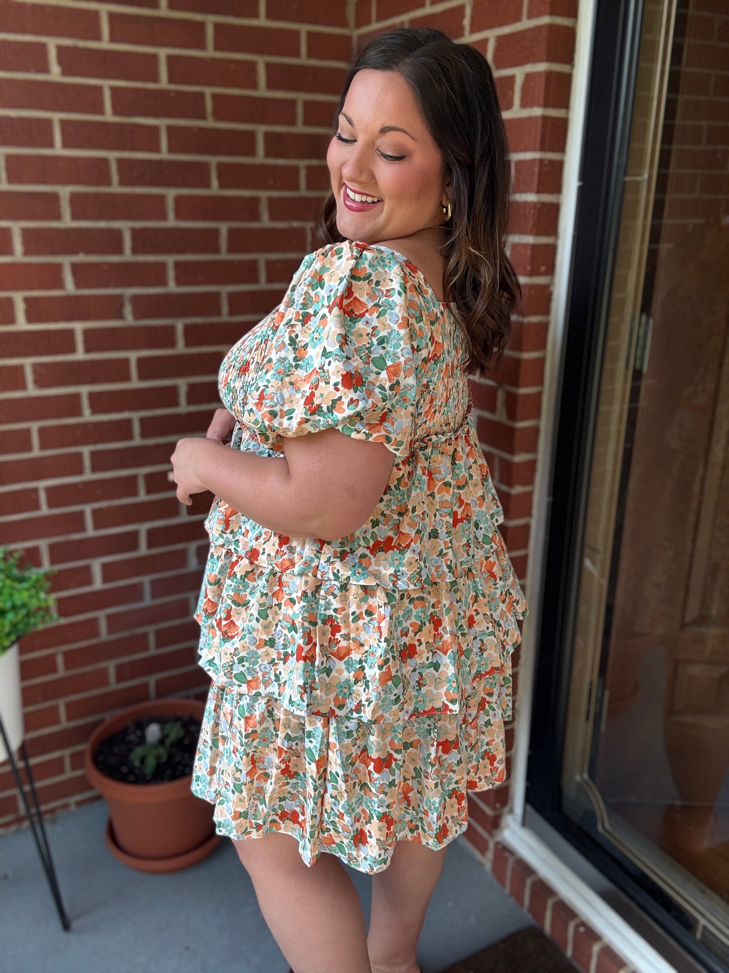 Find Love Floral Print Smocked Neck Puff Sleeve Ruffle Tiered Dress