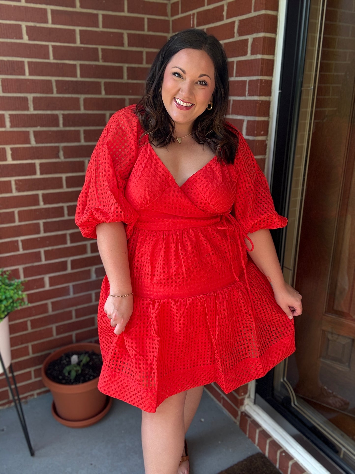 Love Found Red Crepe Sweetheart Wrap Yoke Puff Sleeve Lined Dress