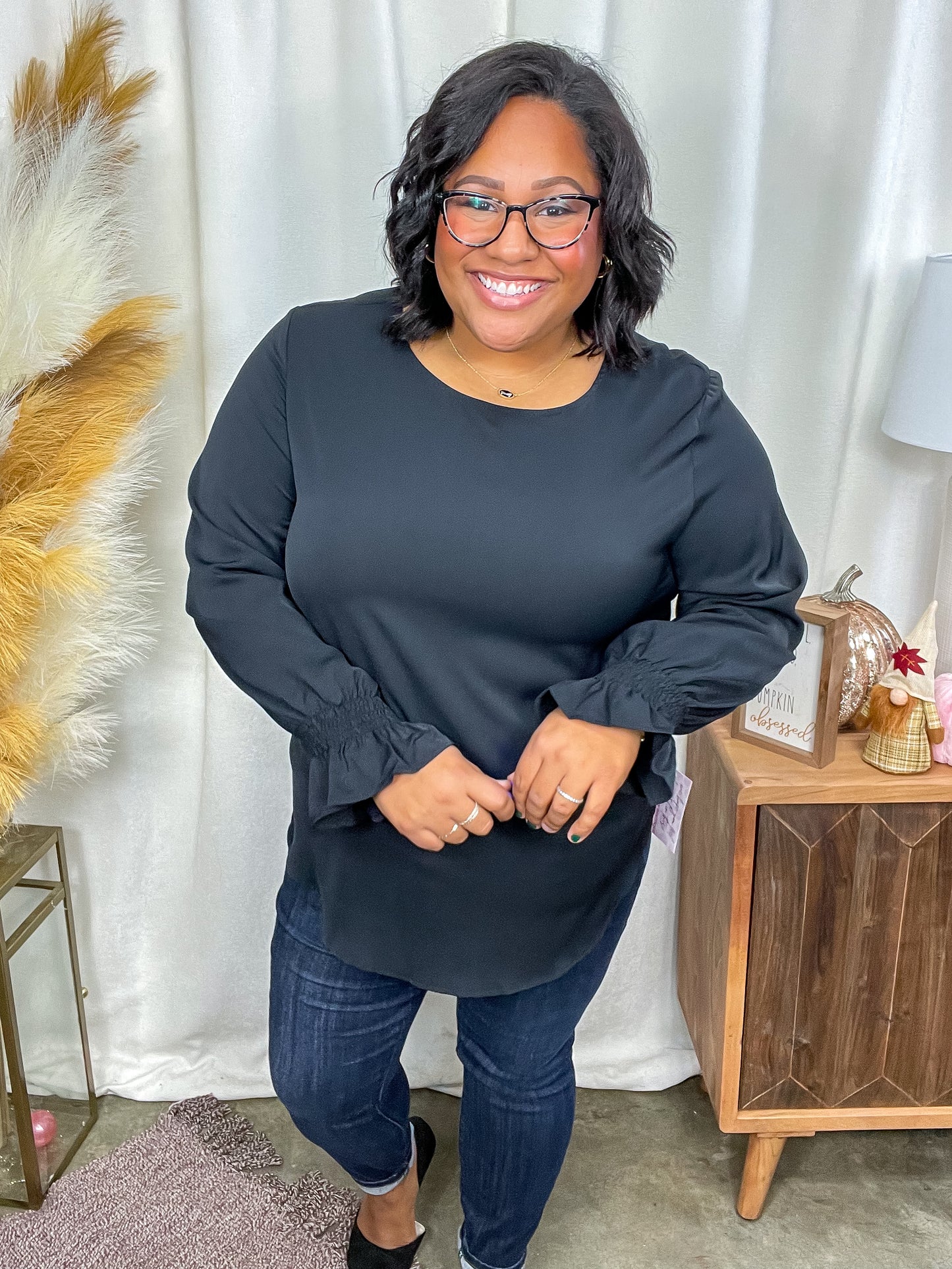 Peaceful Moments Smocked Sleeve Blouse in Black