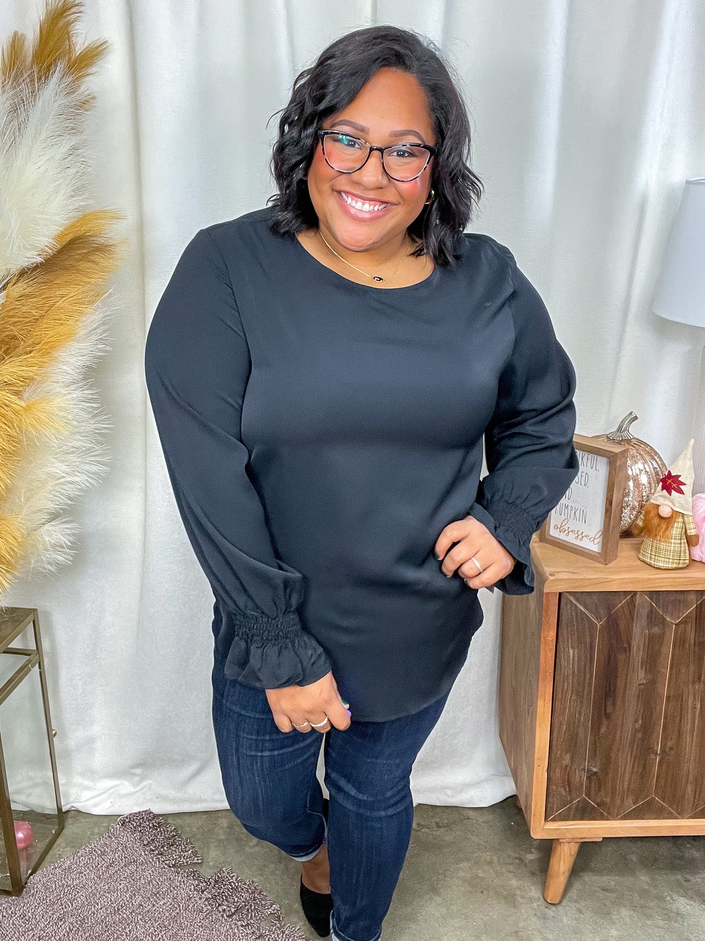 Peaceful Moments Smocked Sleeve Blouse in Black