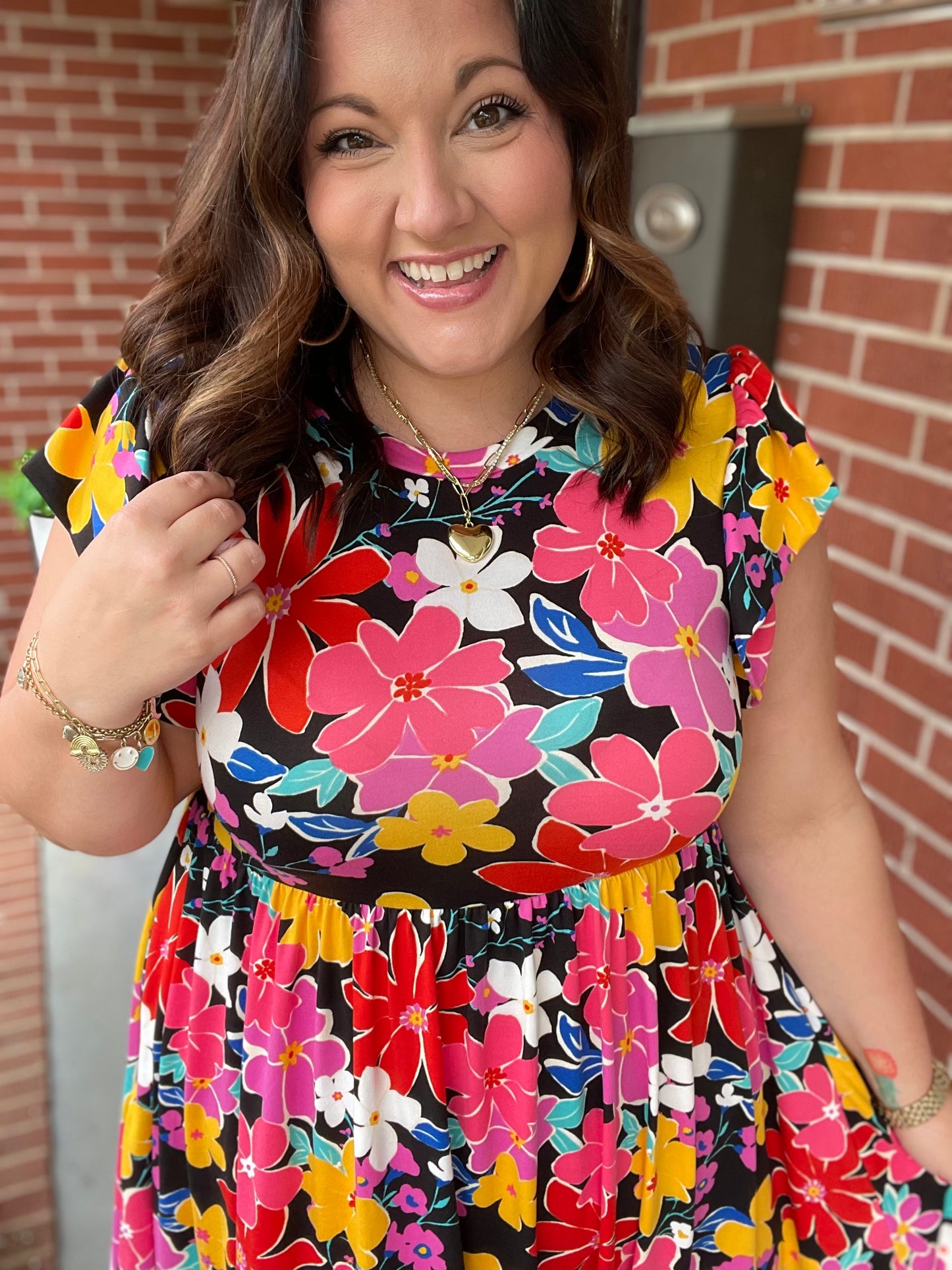 Spread Joy Black & Multicolor Floral Flutter Sleeve Babydoll Dress