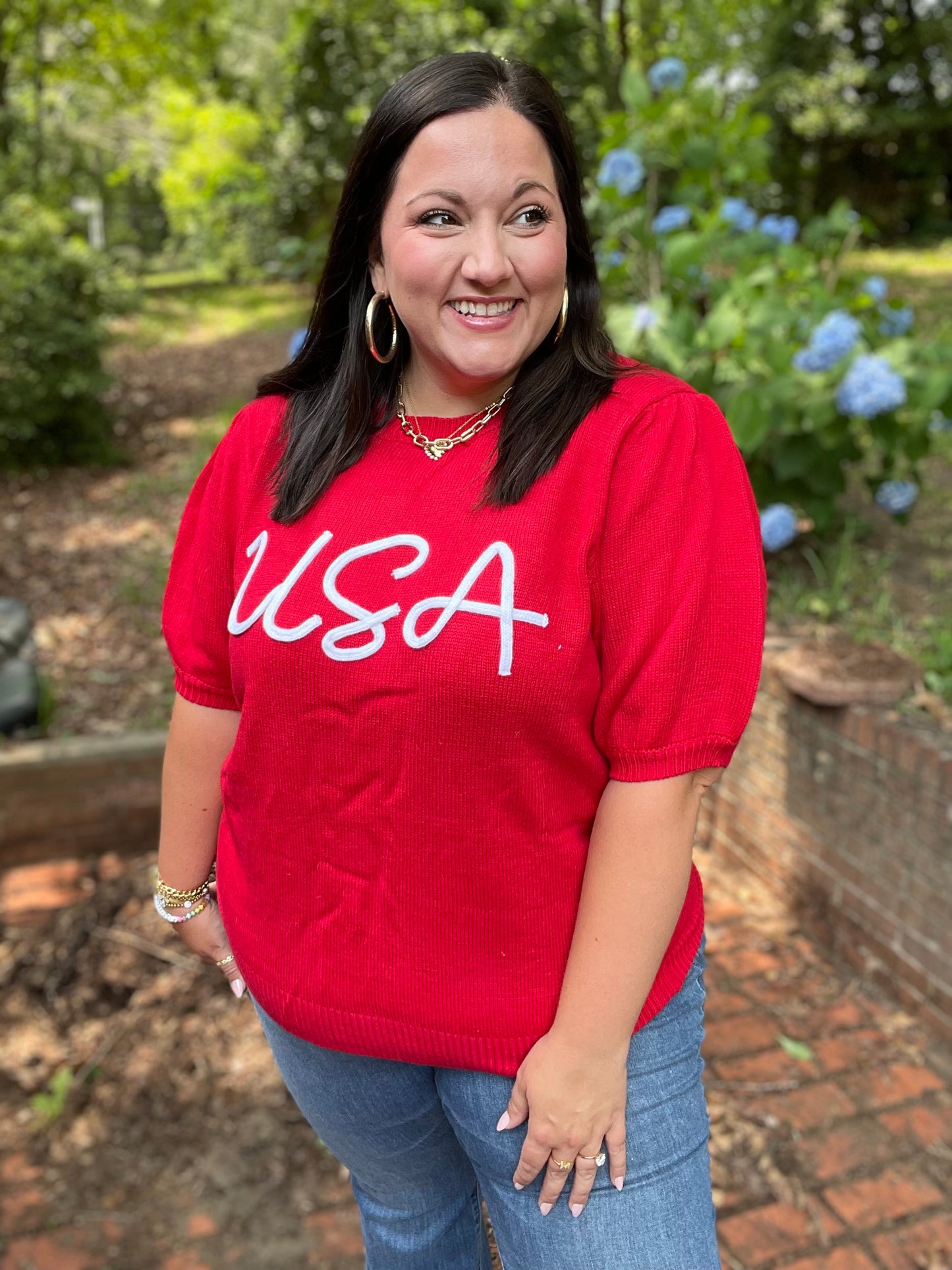 Patriotic USA Red Knit Embroidery Puff Sleeve Sweater Top