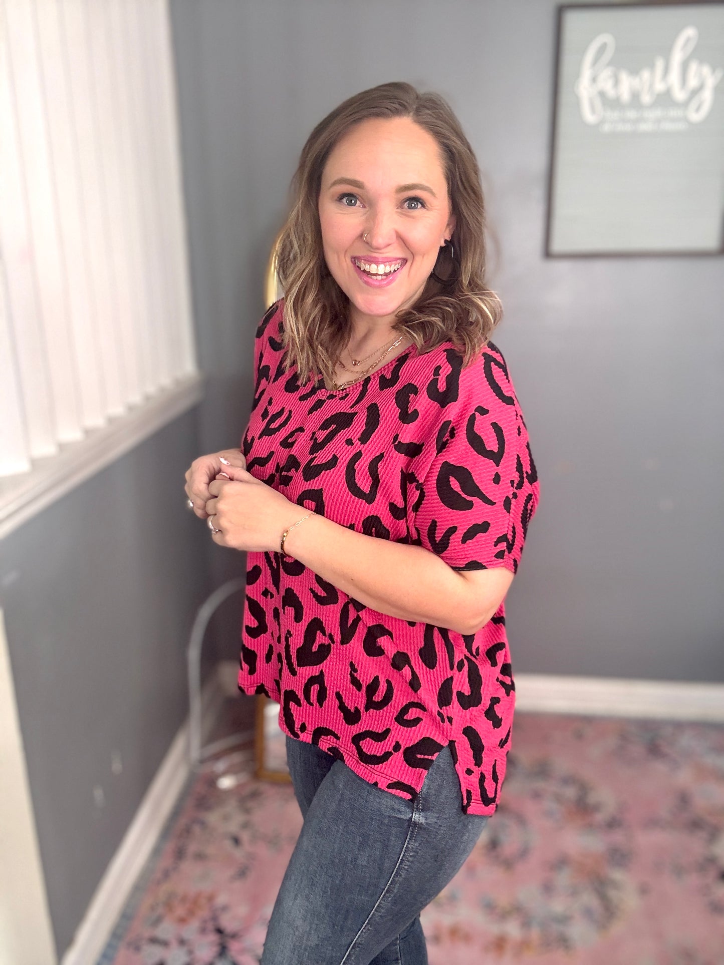 Hot Pink Leopard Ribbed Dolman Top