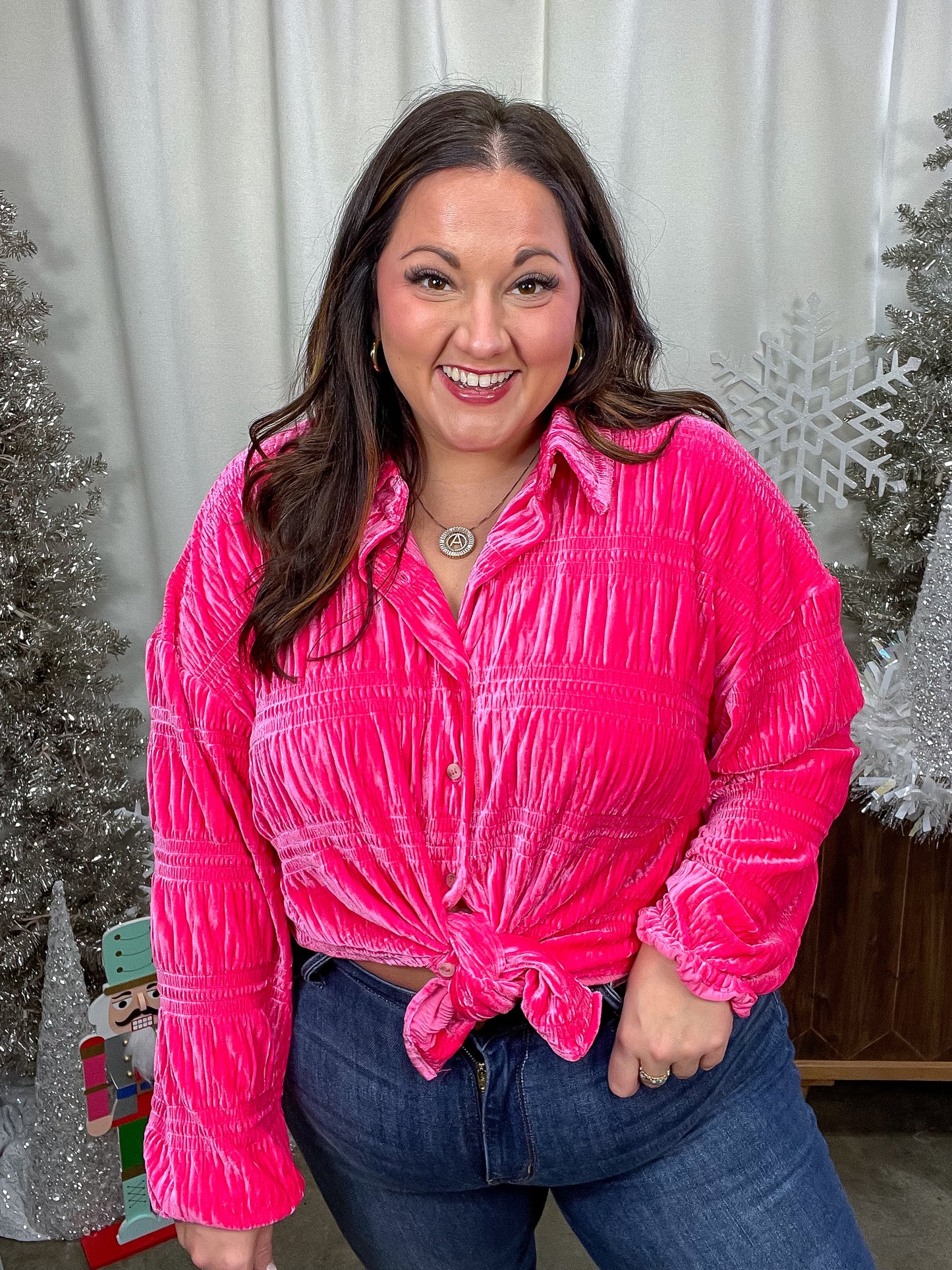 Feeling Fuchsia Velvet Button Down