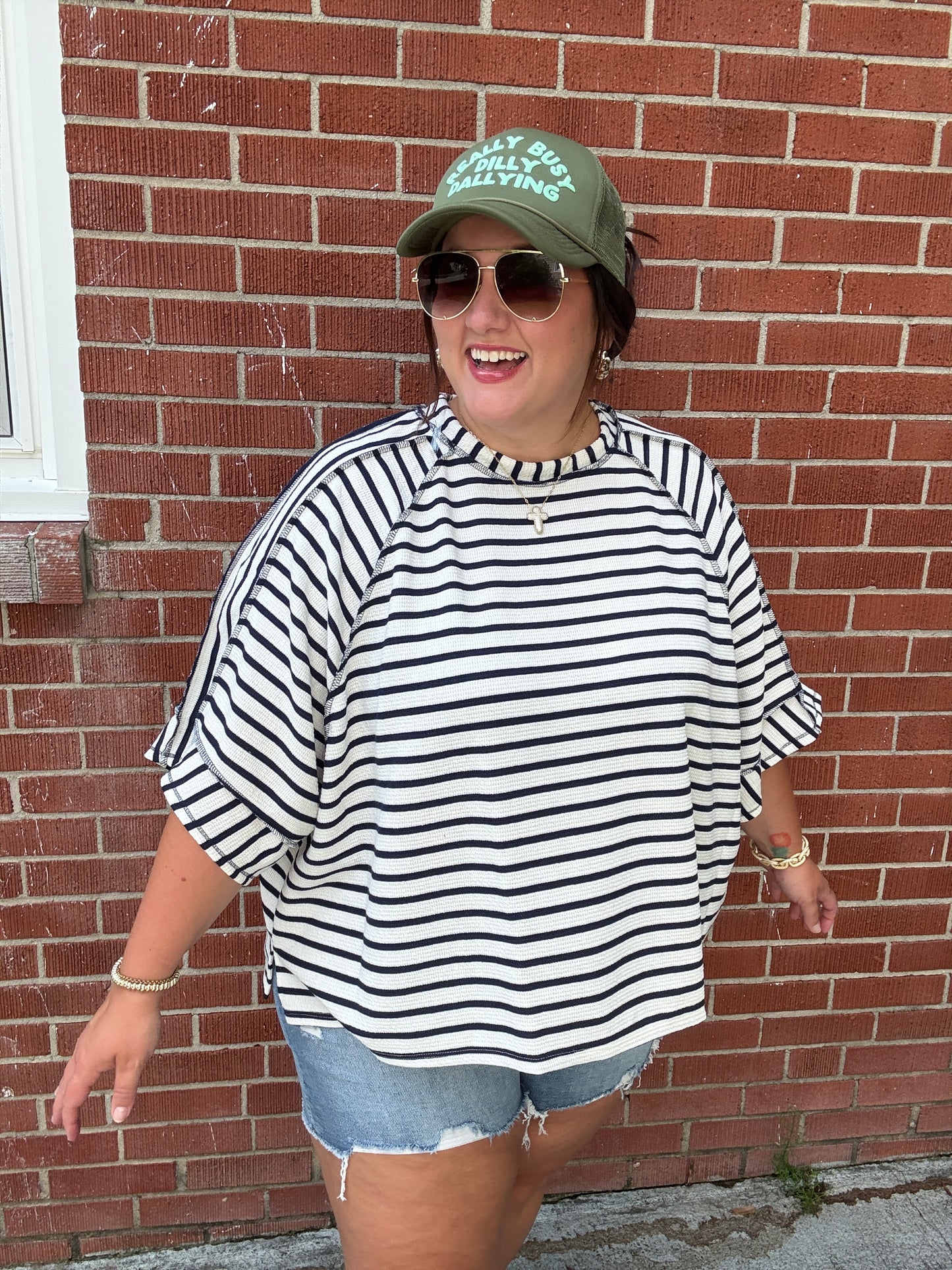 Casual Chic Cotton Navy & Cream Stripe Raglan 3/4 Sleeve Pullover