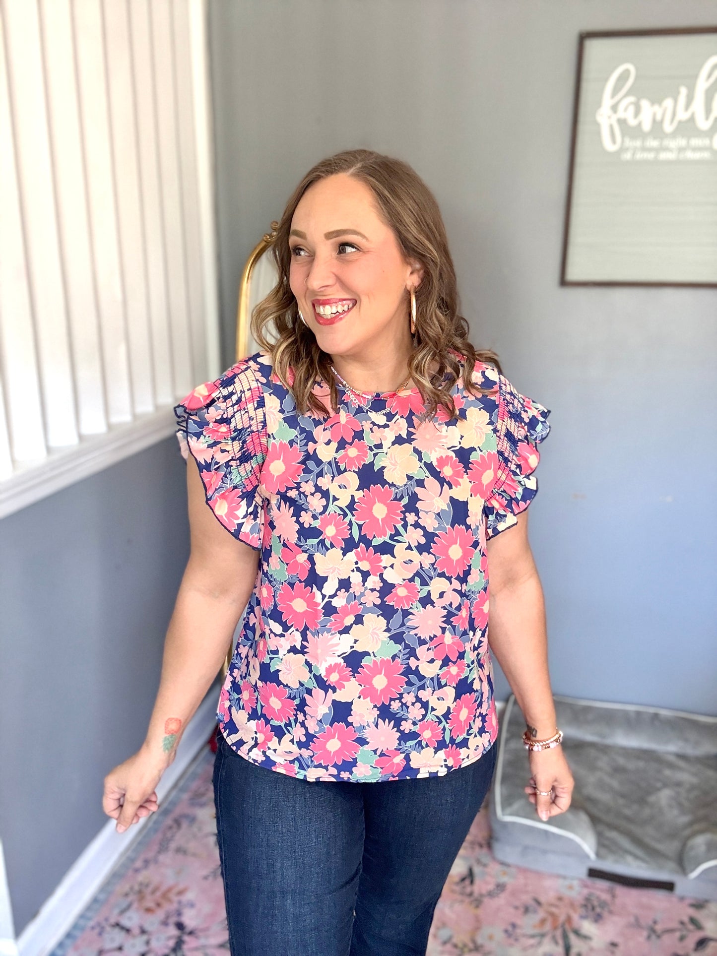 Vacay Ready Blue & Fuchsia Floral Smocked Ruffle Sleeve Top