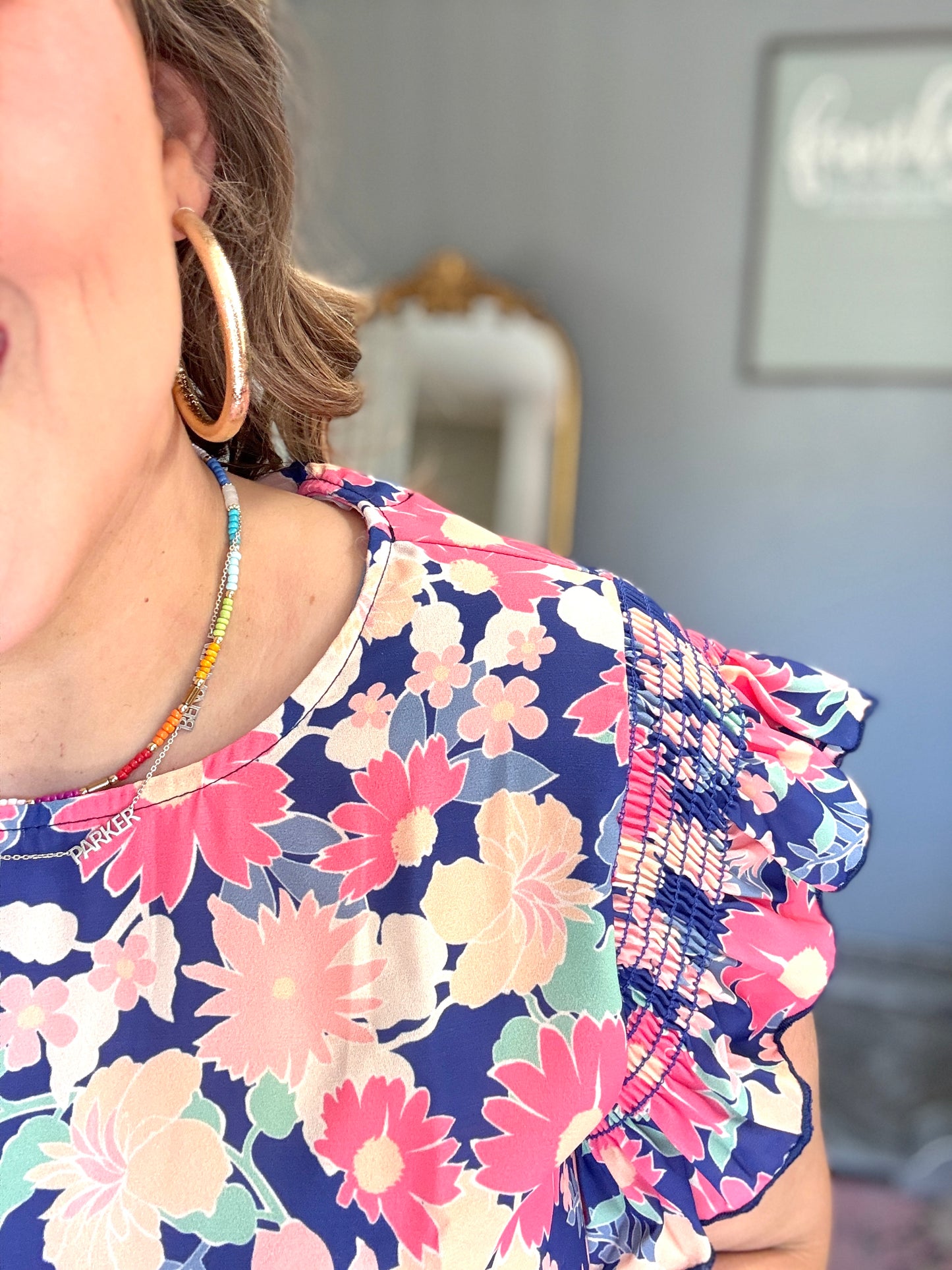 Vacay Ready Blue & Fuchsia Floral Smocked Ruffle Sleeve Top