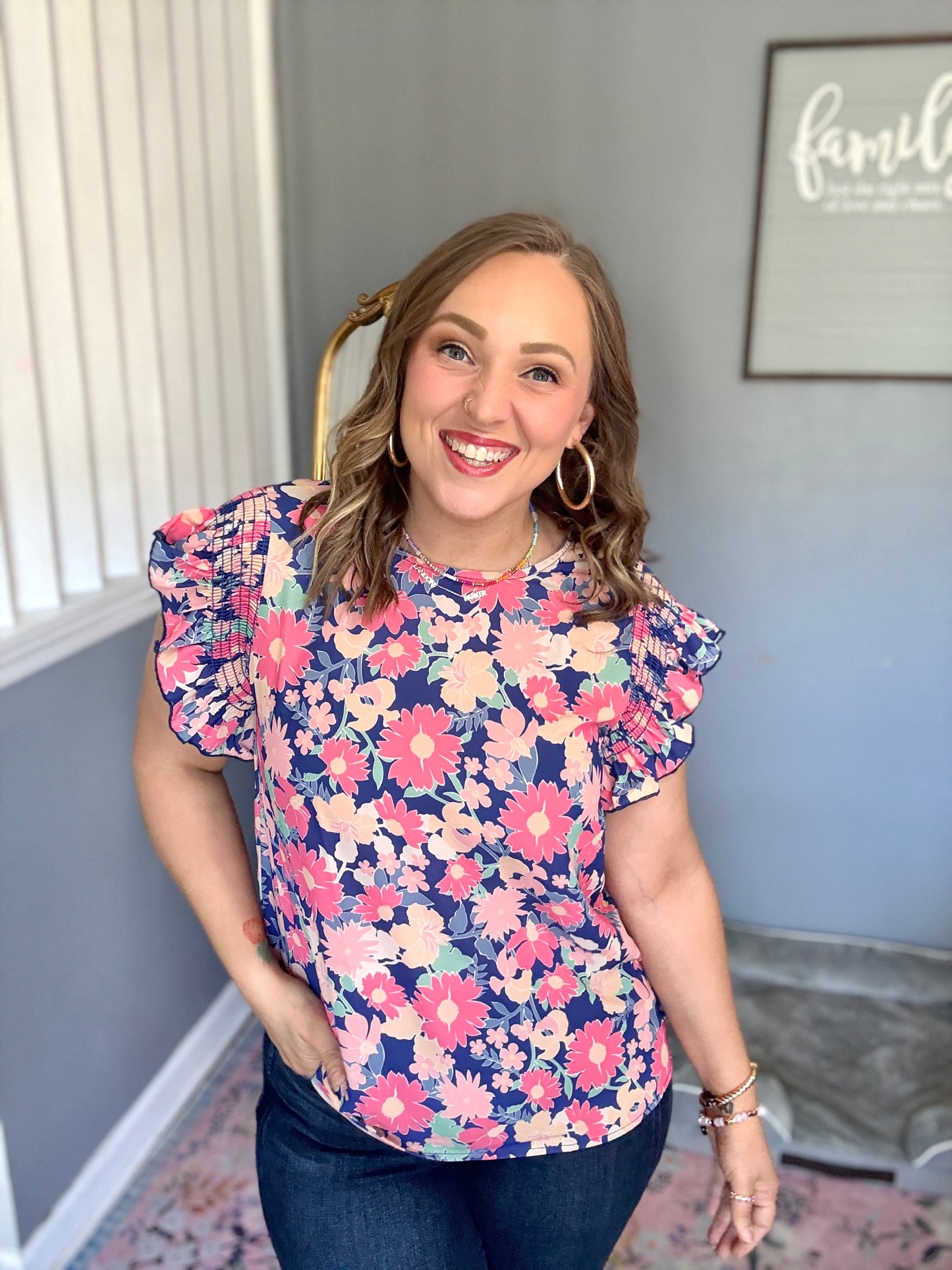Vacay Ready Blue & Fuchsia Floral Smocked Ruffle Sleeve Top