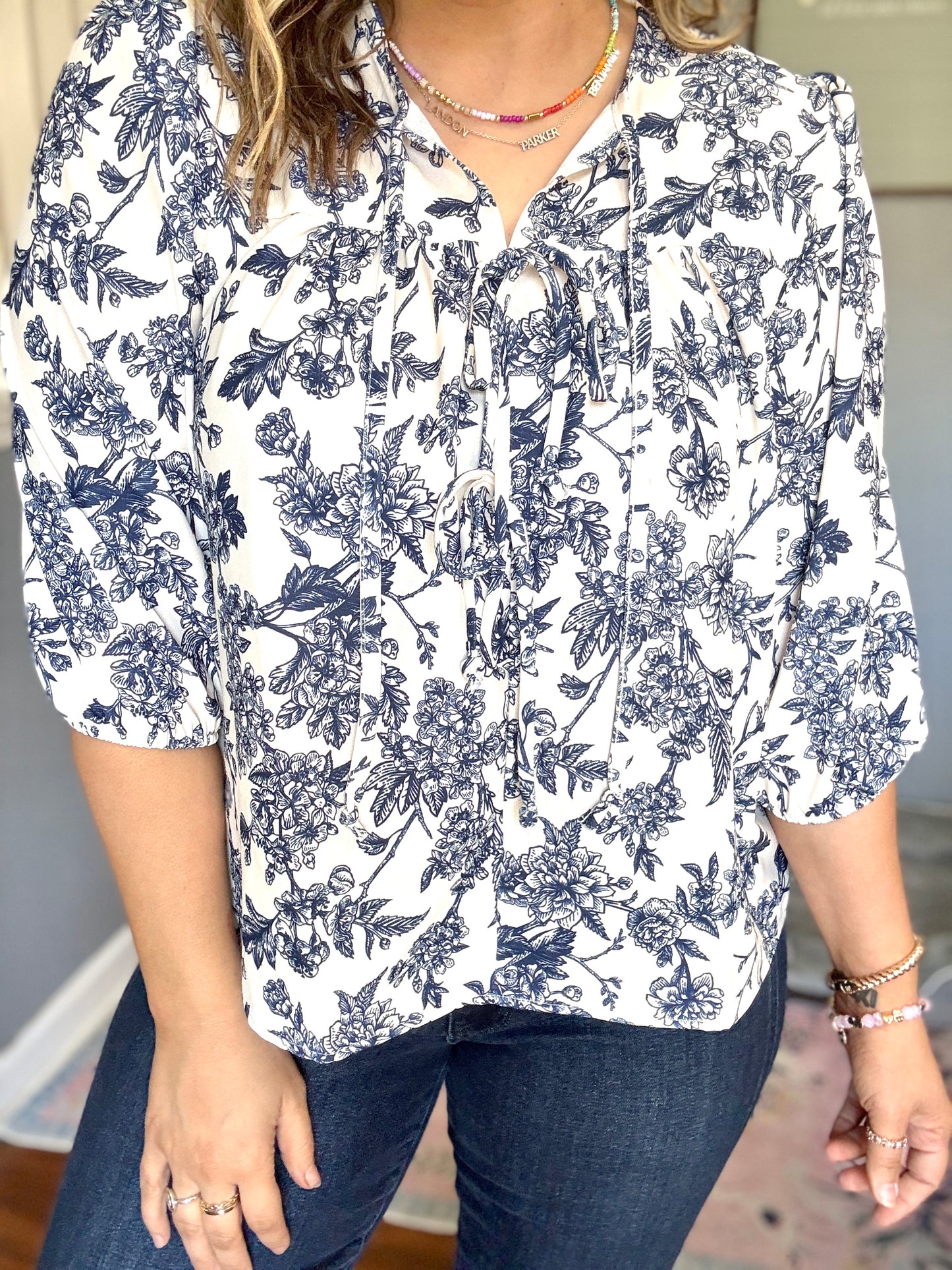 Vintage Vibes Floral Ribbon Tie Bows Three-Quarter Sleeve Top