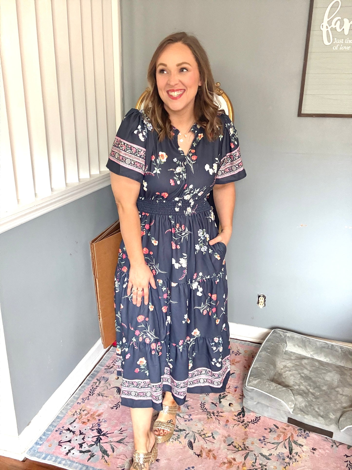 Boho Vibes Navy & Floral Notch Neck Border Print Tiered Maxi