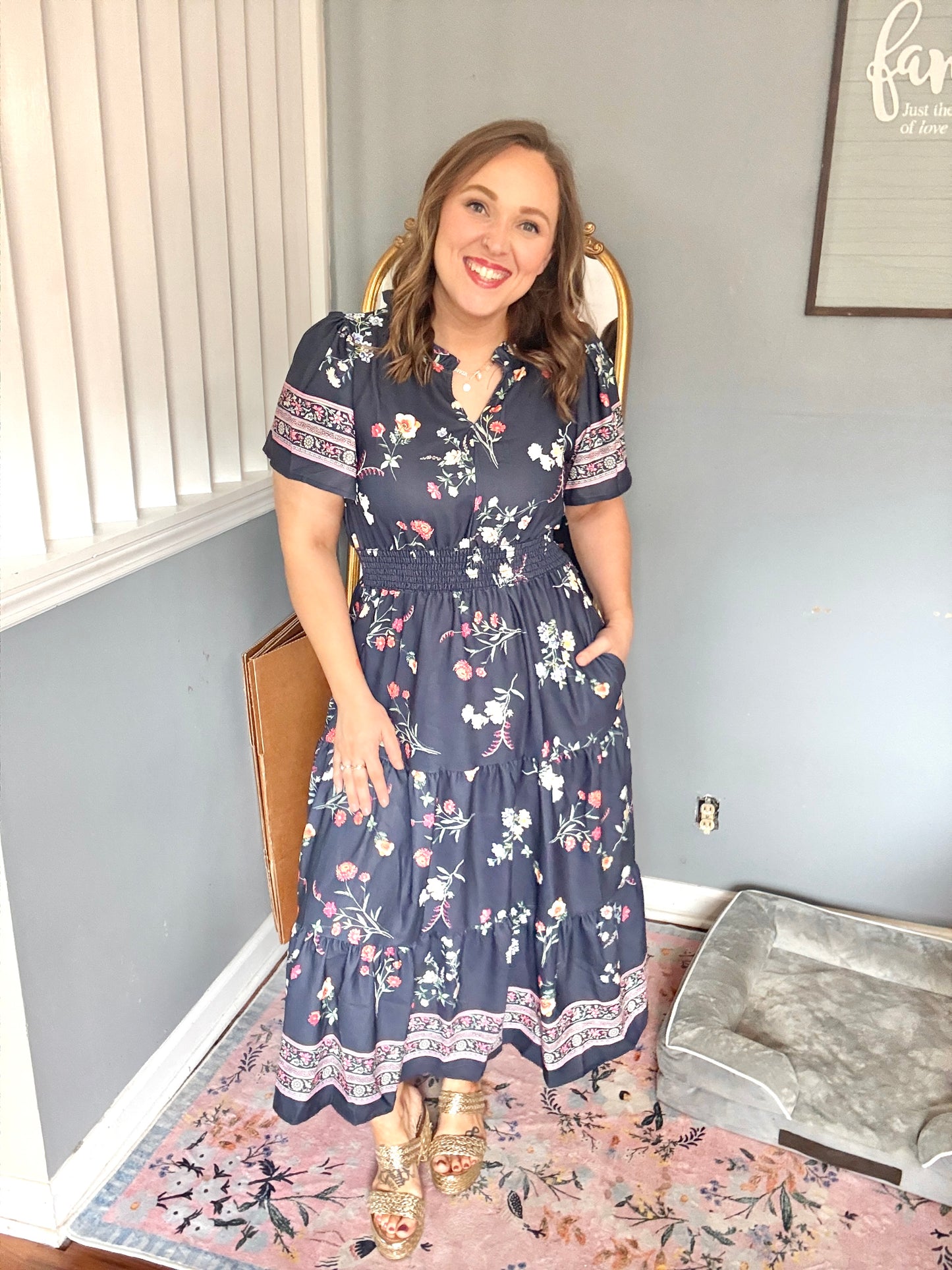 Boho Vibes Navy & Floral Notch Neck Border Print Tiered Maxi