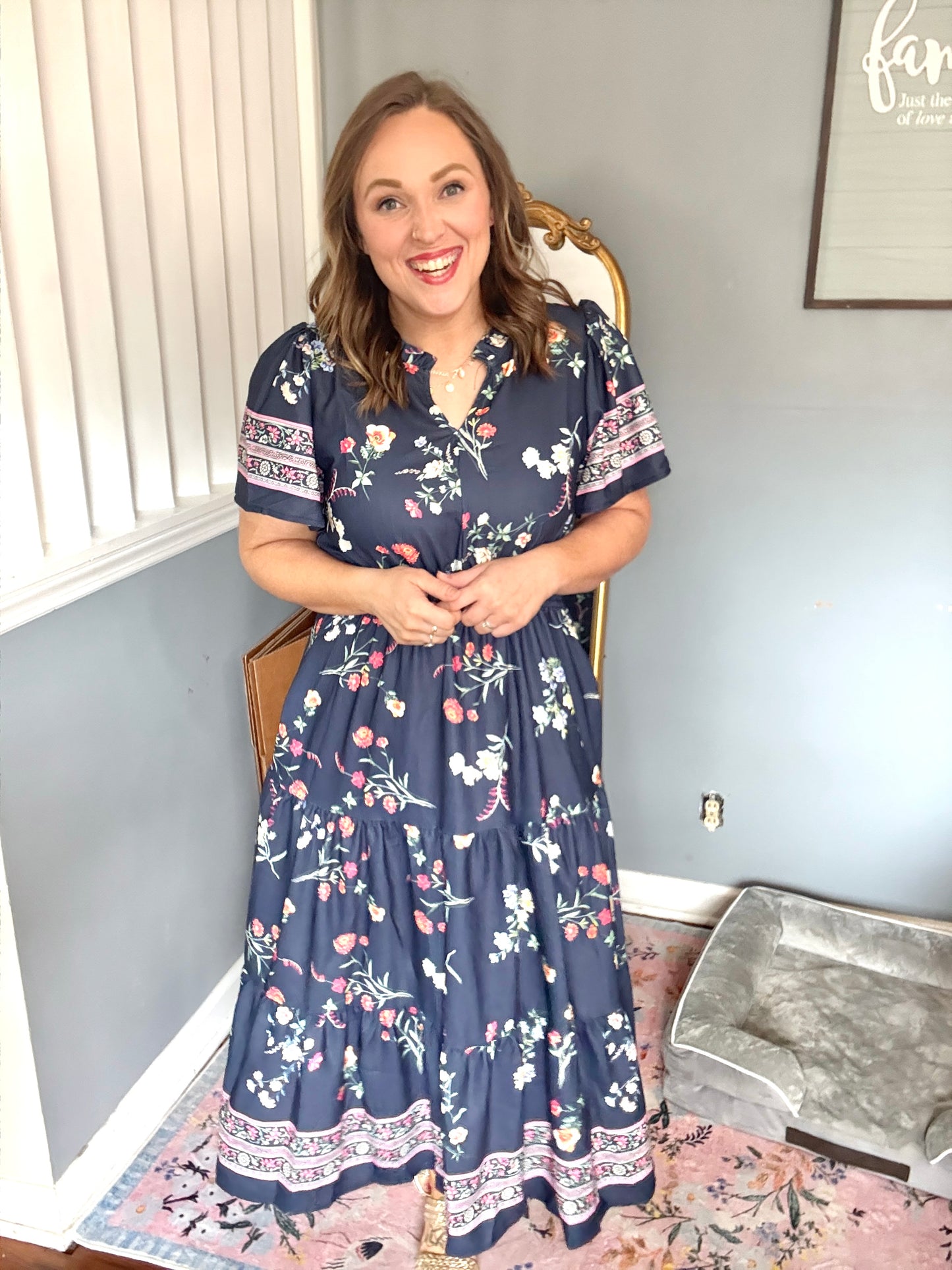 Boho Vibes Navy & Floral Notch Neck Border Print Tiered Maxi