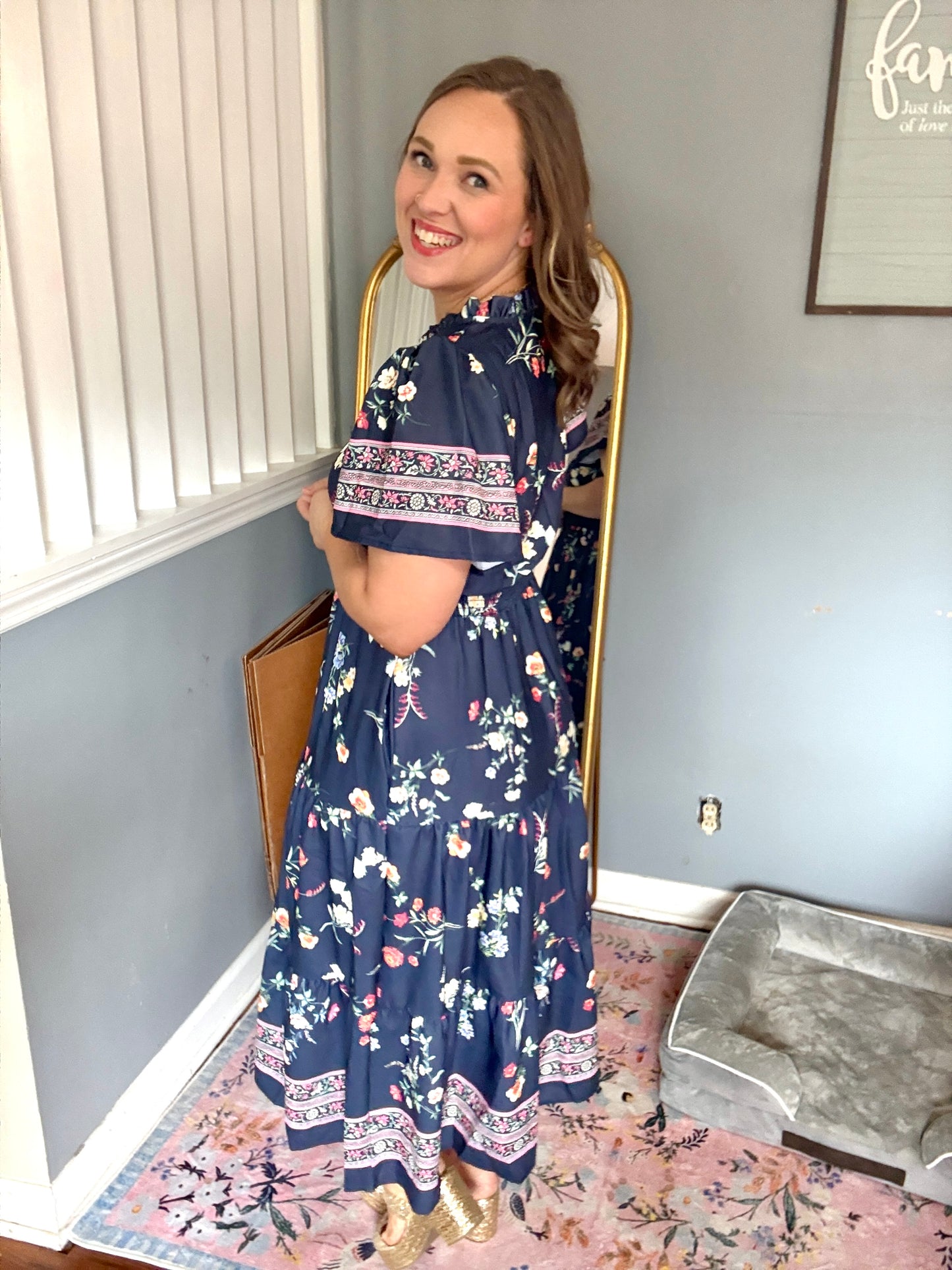 Boho Vibes Navy & Floral Notch Neck Border Print Tiered Maxi