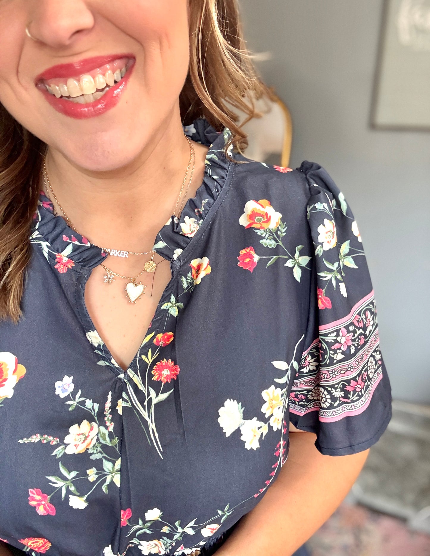 Boho Vibes Navy & Floral Notch Neck Border Print Tiered Maxi