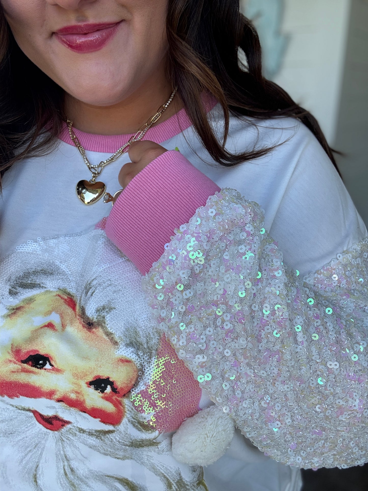 Santa Claus White Sweatshirt with Sequin Sleeves
