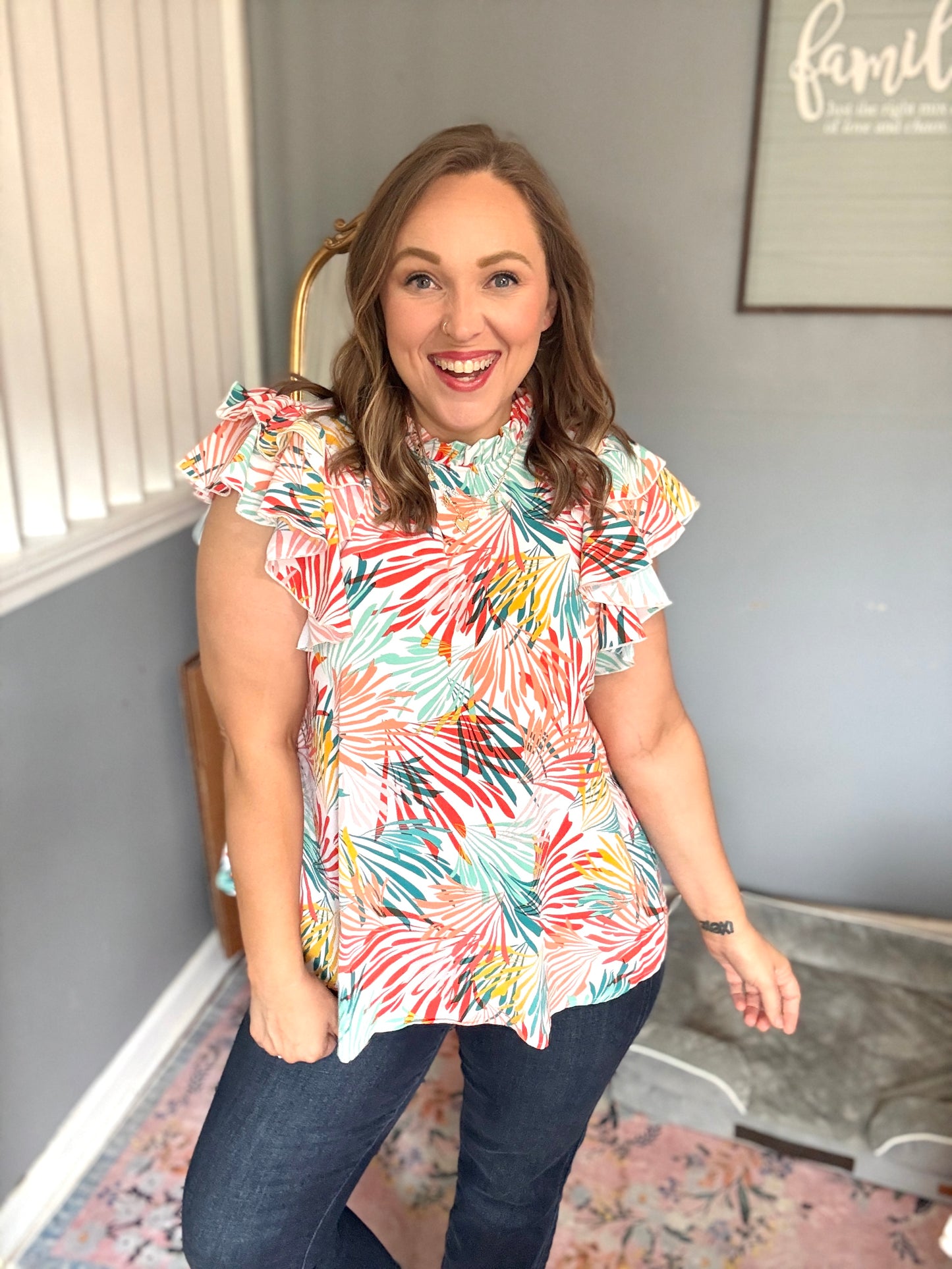 Eyes On You Ivory Abstract Print Frill Neck Double Flutter Sleeve Top