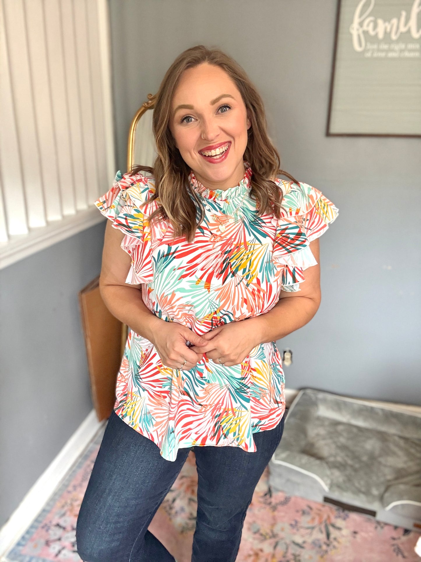 Eyes On You Ivory Abstract Print Frill Neck Double Flutter Sleeve Top