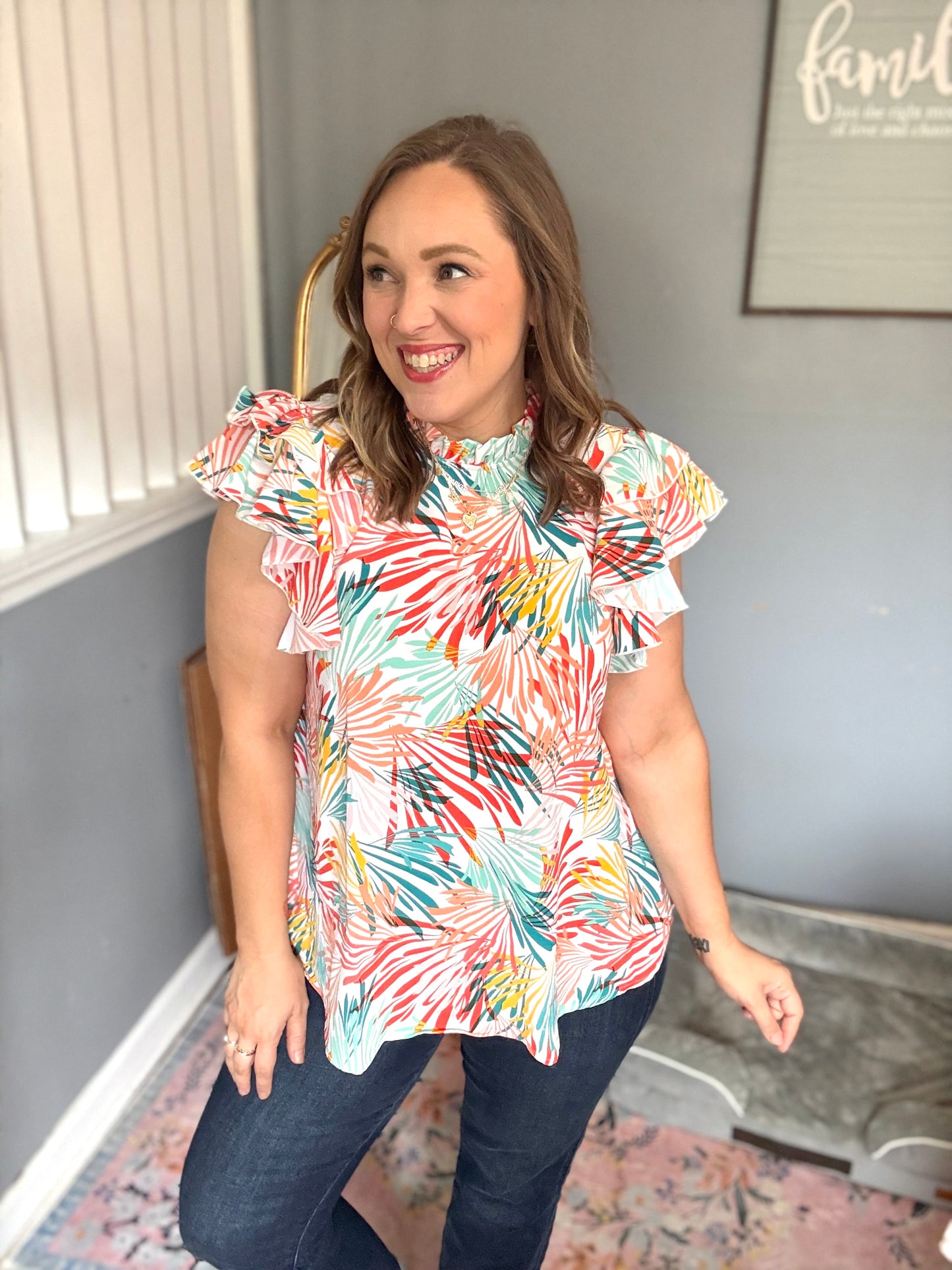 Eyes On You Ivory Abstract Print Frill Neck Double Flutter Sleeve Top