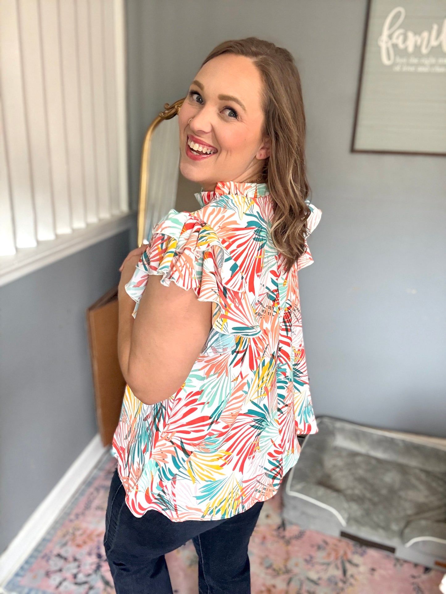 Eyes On You Ivory Abstract Print Frill Neck Double Flutter Sleeve Top