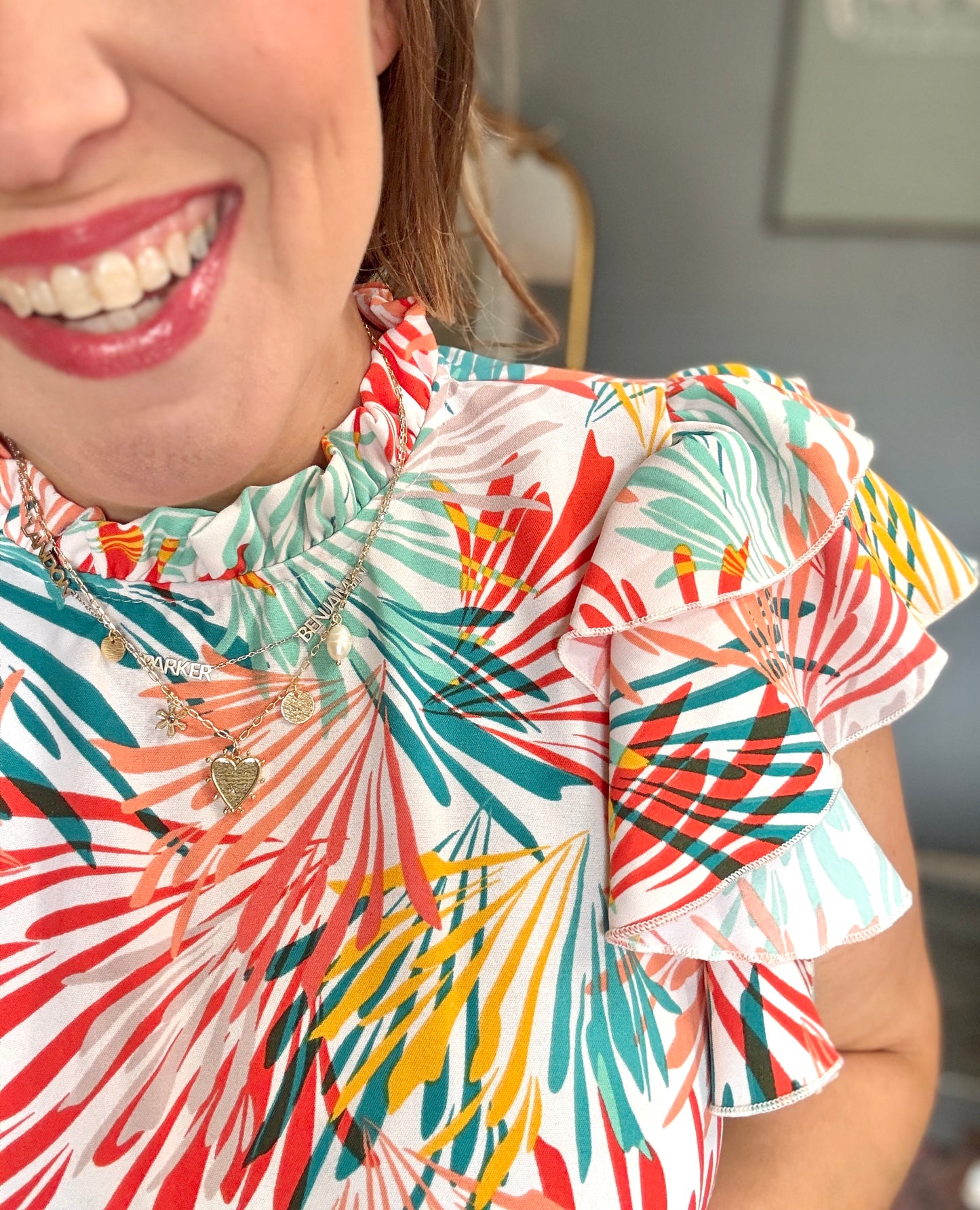 Eyes On You Ivory Abstract Print Frill Neck Double Flutter Sleeve Top