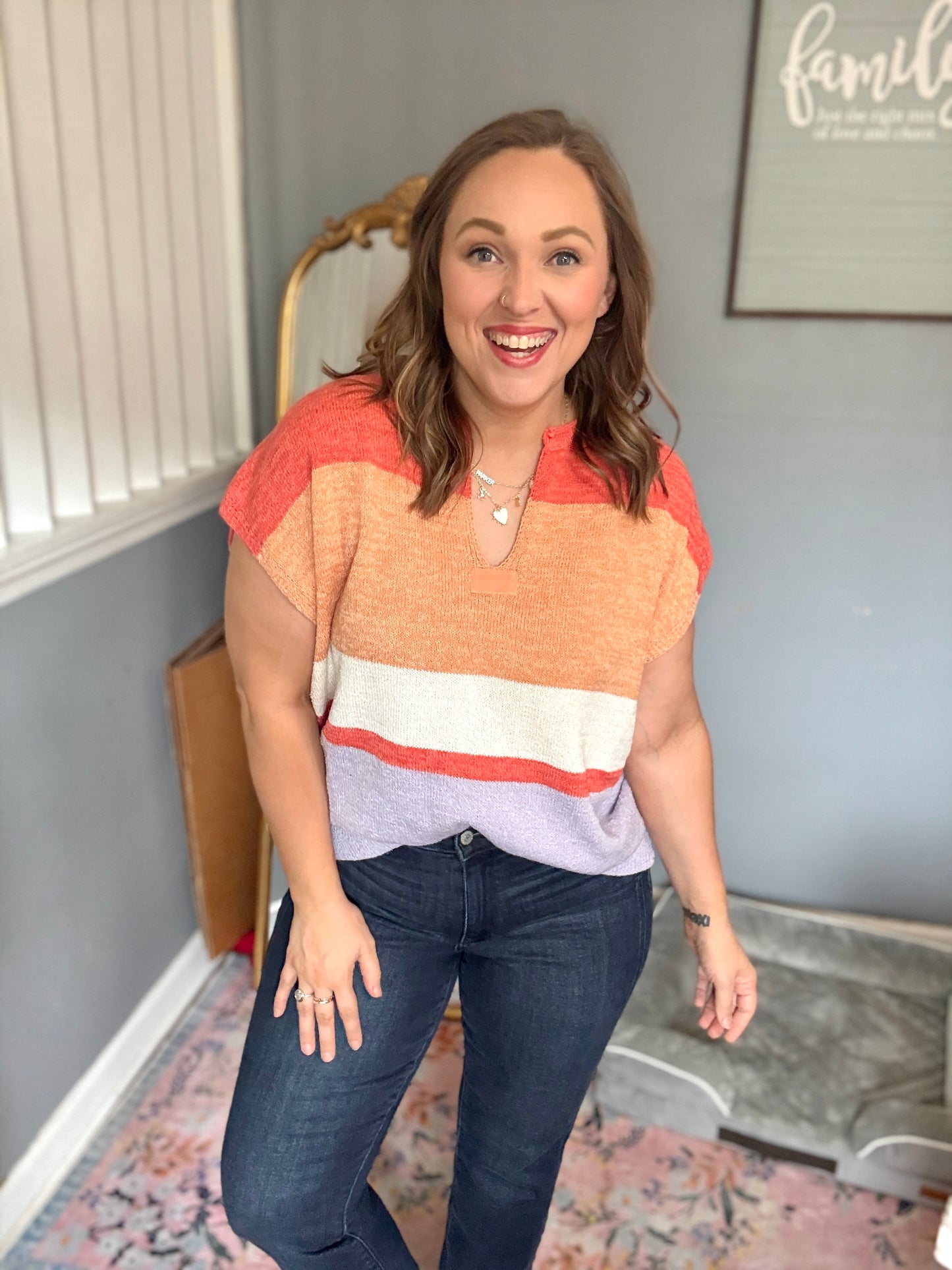 Lock Eyes Coral Notched Neck Drop Shoulder Sweater Top