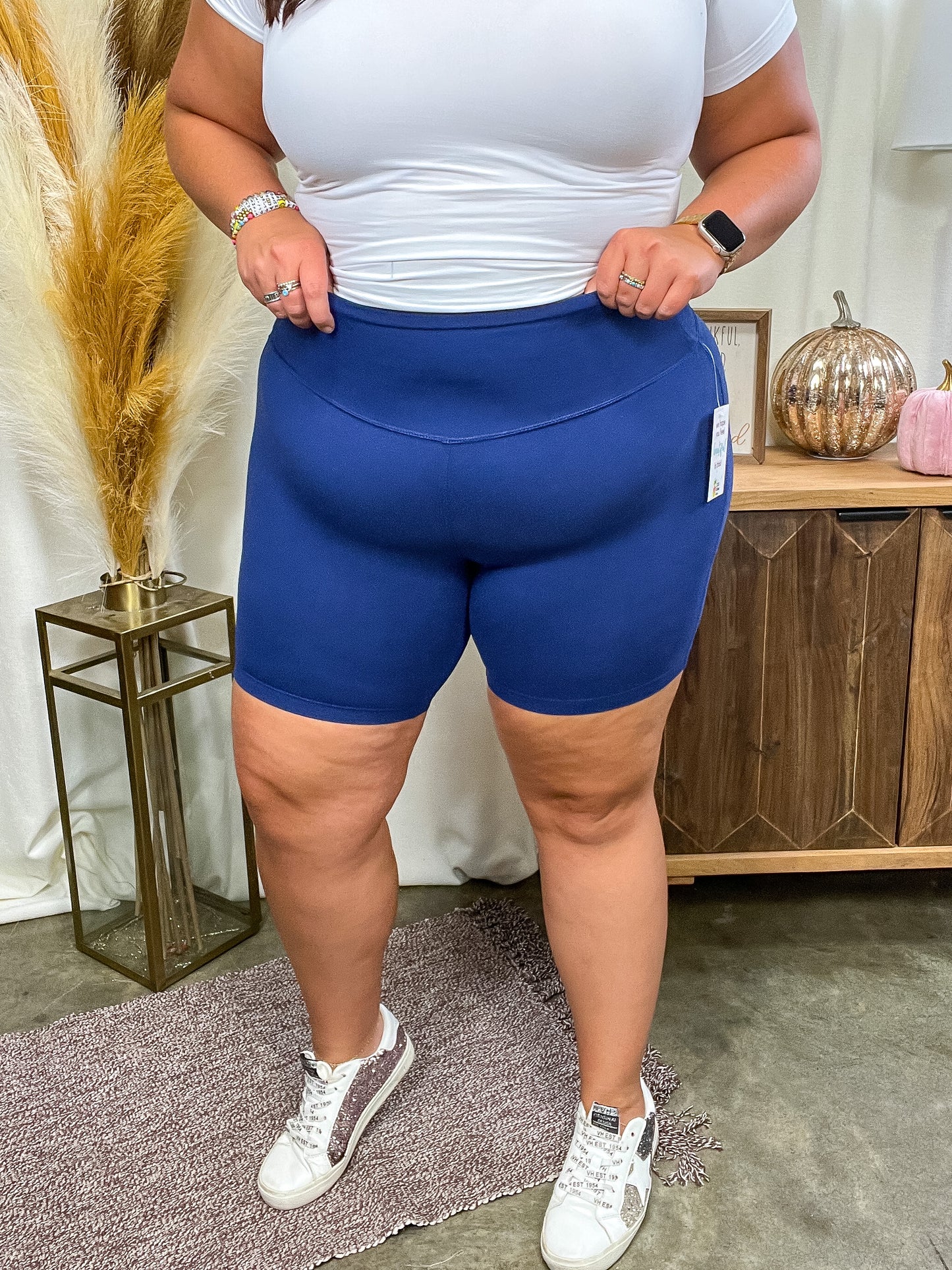 High Rise Wide Waistband Biker Shorts in Light Navy