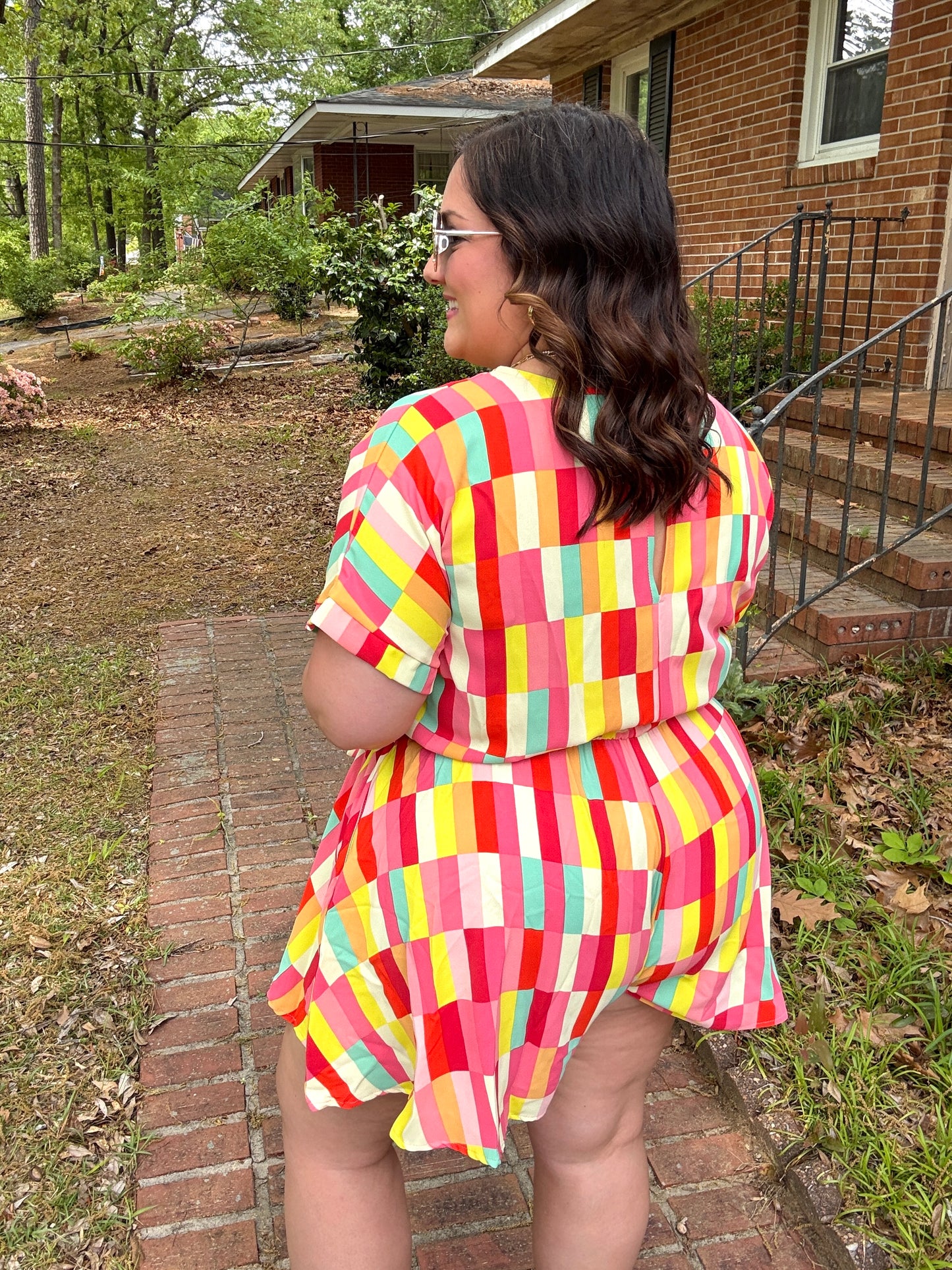 Eyes On You Coral Geo Abstract Surplice Woven Romper