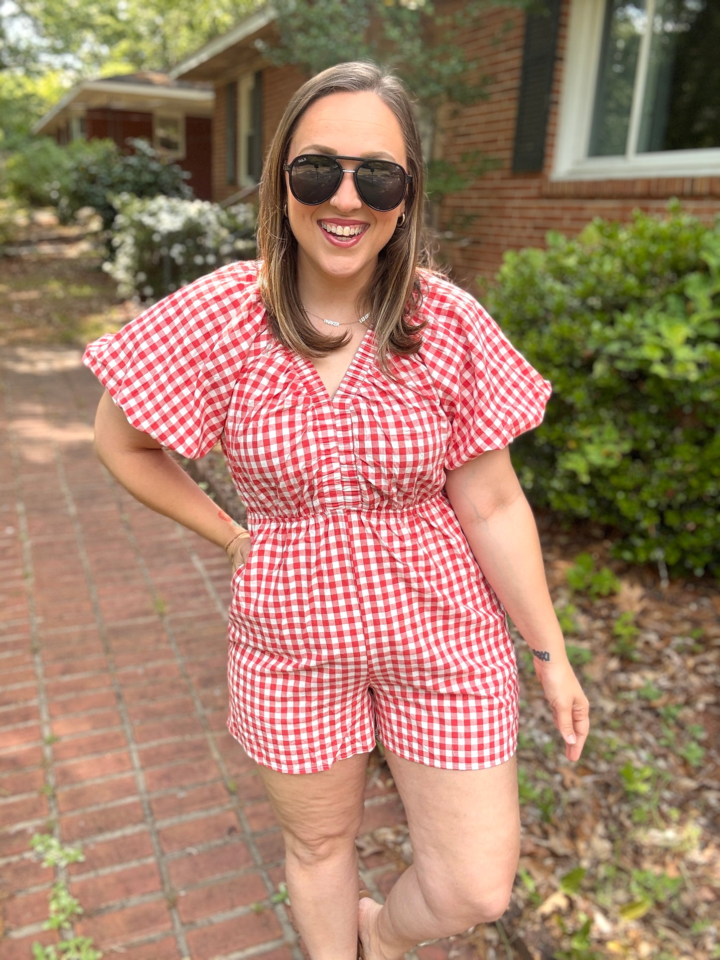 Festival Ready Cotton Red Checker Elastic V Neck Romper