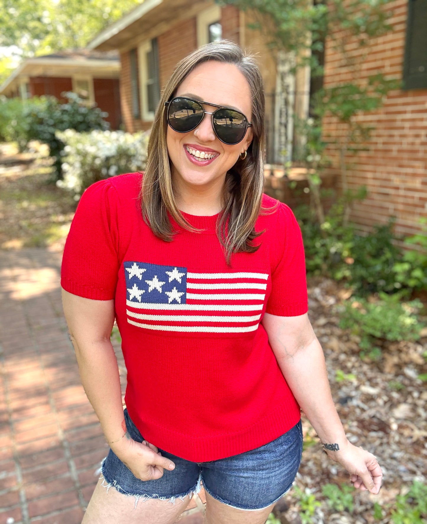 American Flag Bubble Short Sleeve Jacquard Sweater Knit Pullover