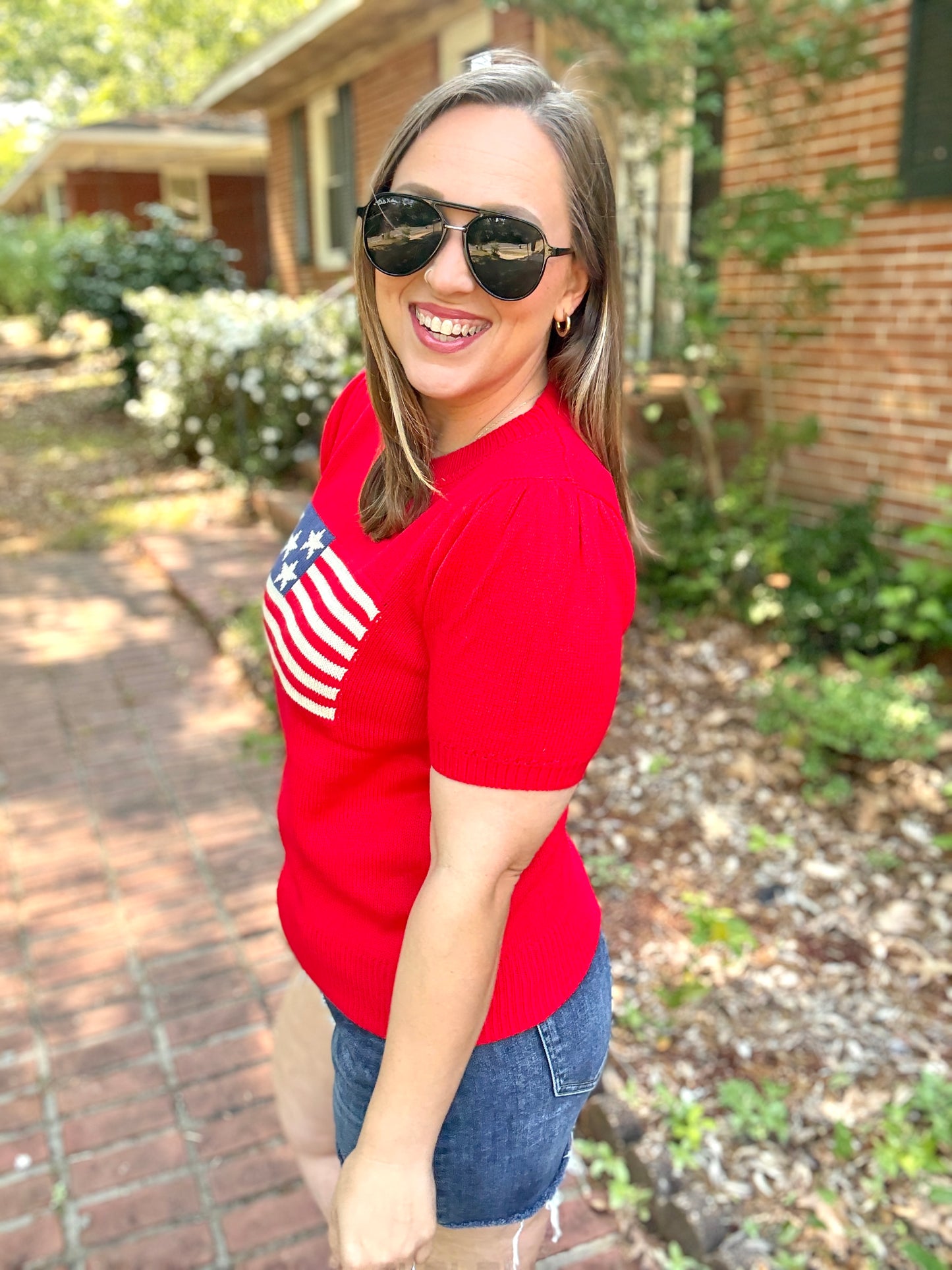 American Flag Bubble Short Sleeve Jacquard Sweater Knit Pullover