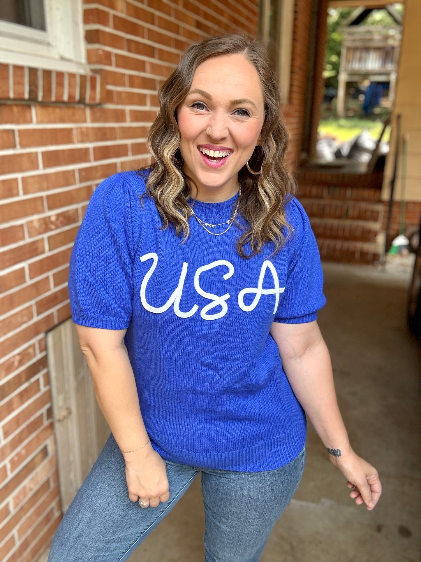 Patriotic USA Blue Knit Embroidery Puff Sleeve Sweater Top