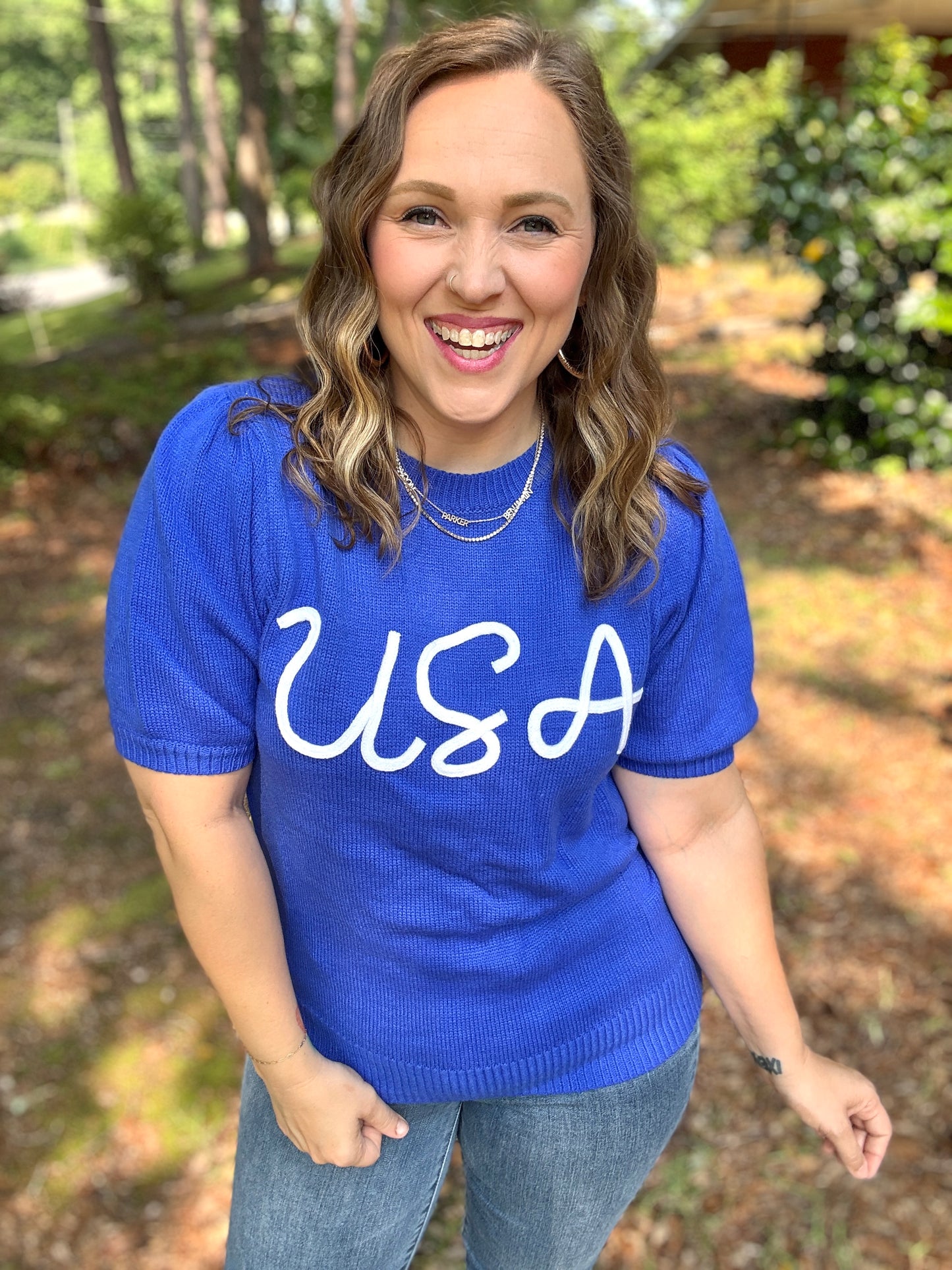 Patriotic USA Blue Knit Embroidery Puff Sleeve Sweater Top